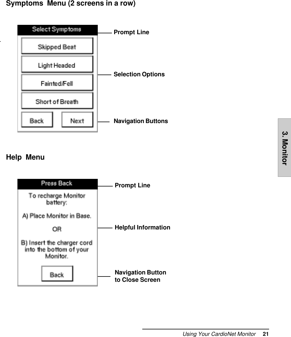 Using Your CardioNet Monitor     213. MonitorPrompt LineHelpful InformationNavigation Buttonto Close ScreenPrompt LineSelection OptionsNavigation ButtonsSymptoms  Menu (2 screens in a row)     Help  Menu     