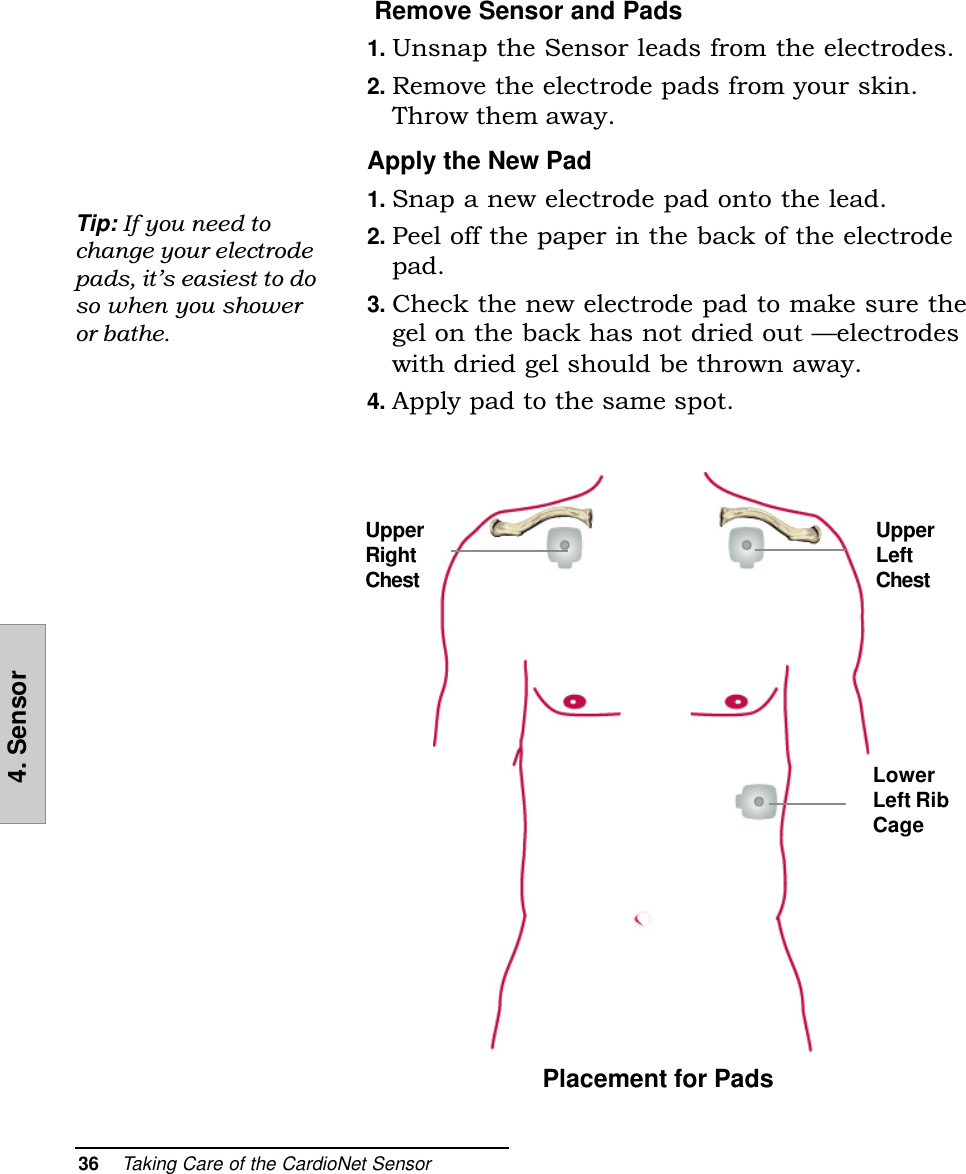 36    Taking Care of the CardioNet Sensor4. Sensor Remove Sensor and Pads1. Unsnap the Sensor leads from the electrodes.2. Remove the electrode pads from your skin.Throw them away.Apply the New Pad1. Snap a new electrode pad onto the lead.2. Peel off the paper in the back of the electrodepad.3. Check the new electrode pad to make sure thegel on the back has not dried out electrodeswith dried gel should be thrown away.4. Apply pad to the same spot.Tip: If you need tochange your electrodepads, its easiest to doso when you showeror bathe.LowerLeft RibCagePlacement for PadsUpperRightChestUpperLeftChest