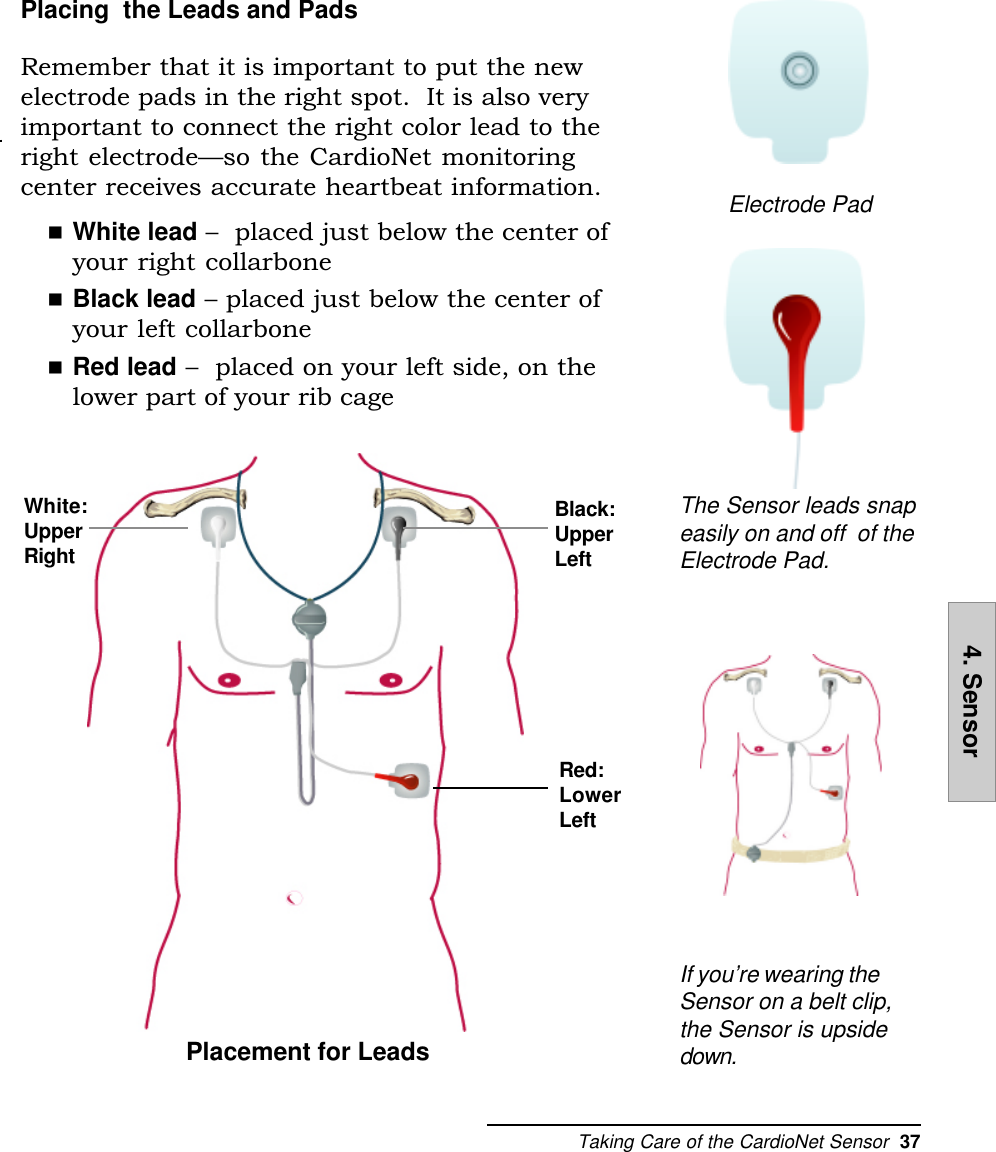 Taking Care of the CardioNet Sensor  374. SensorPlacing  the Leads and PadsRemember that it is important to put the newelectrode pads in the right spot.  It is also veryimportant to connect the right color lead to theright electrodeso the CardioNet monitoringcenter receives accurate heartbeat information.nWhite lead   placed just below the center ofyour right collarbonenBlack lead  placed just below the center ofyour left collarbonenRed lead   placed on your left side, on thelower part of your rib cageElectrode PadThe Sensor leads snapeasily on and off  of theElectrode Pad.If you’re wearing theSensor on a belt clip,the Sensor is upsidedown.Placement for LeadsWhite:UpperRightBlack:UpperLeftRed:LowerLeft