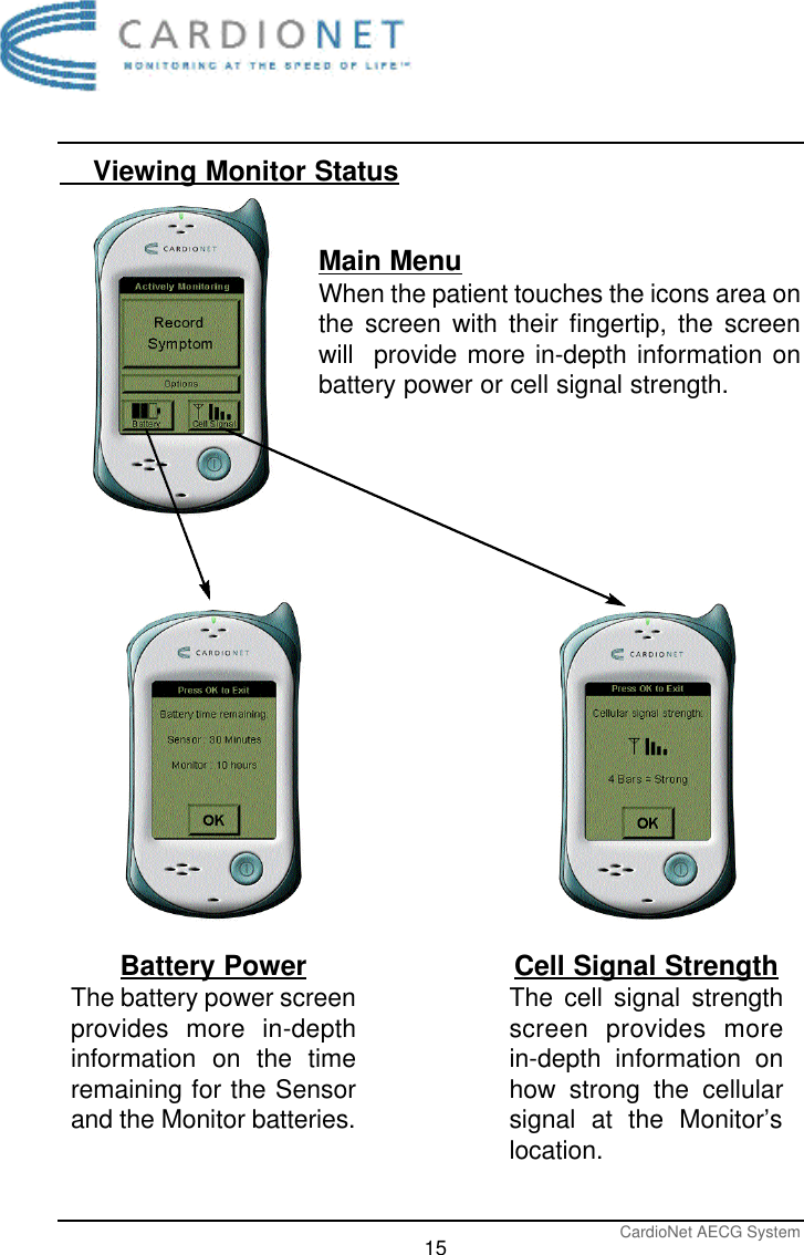 CardioNet AECG System15    Viewing Monitor StatusMain MenuWhen the patient touches the icons area onthe screen with their fingertip, the screenwill  provide more in-depth information onbattery power or cell signal strength. Battery PowerThe battery power screenprovides more in-depthinformation on the timeremaining for the Sensorand the Monitor batteries.Cell Signal StrengthThe cell signal strengthscreen provides morein-depth information onhow strong the cellularsignal at the Monitor’slocation.