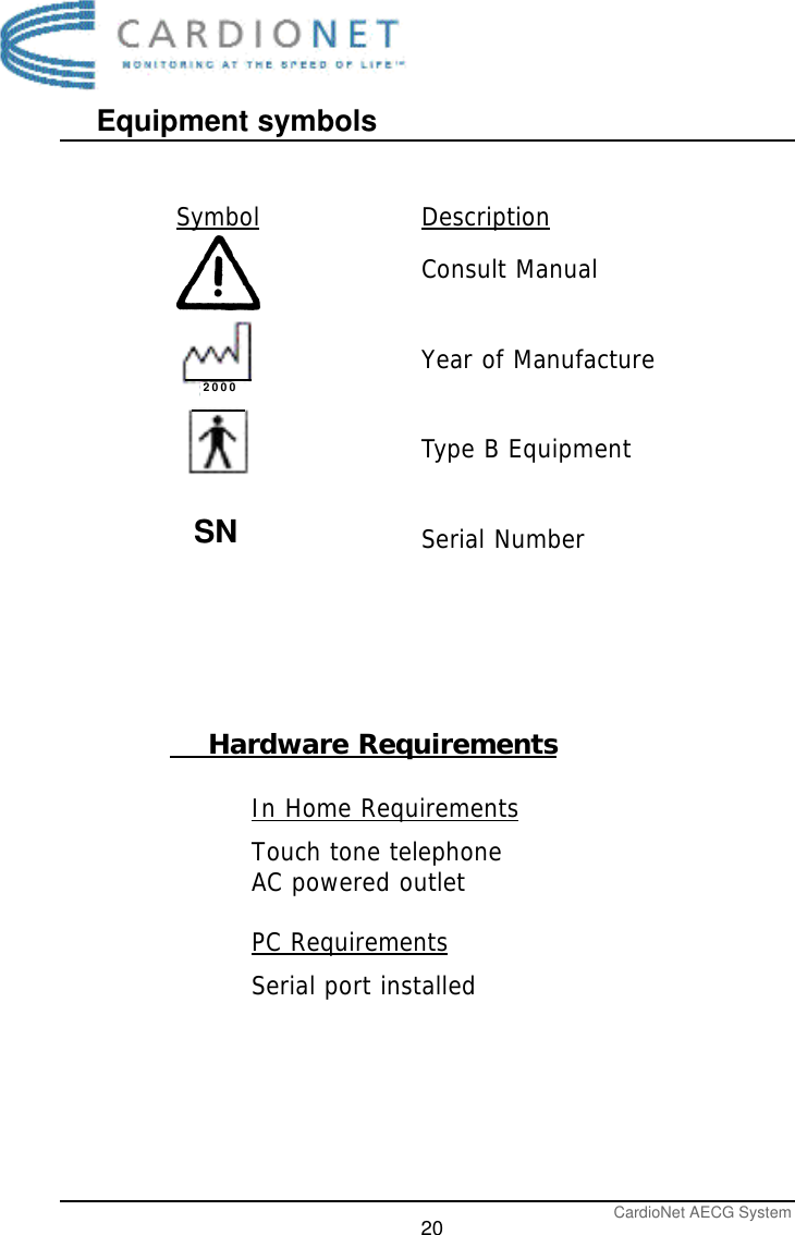 Equipment symbolsCardioNet AECG System20Symbol DescriptionConsult ManualYear of ManufactureType B EquipmentSerial NumberSN    Hardware RequirementsIn Home RequirementsTouch tone telephoneAC powered outletPC RequirementsSerial port installed 2000