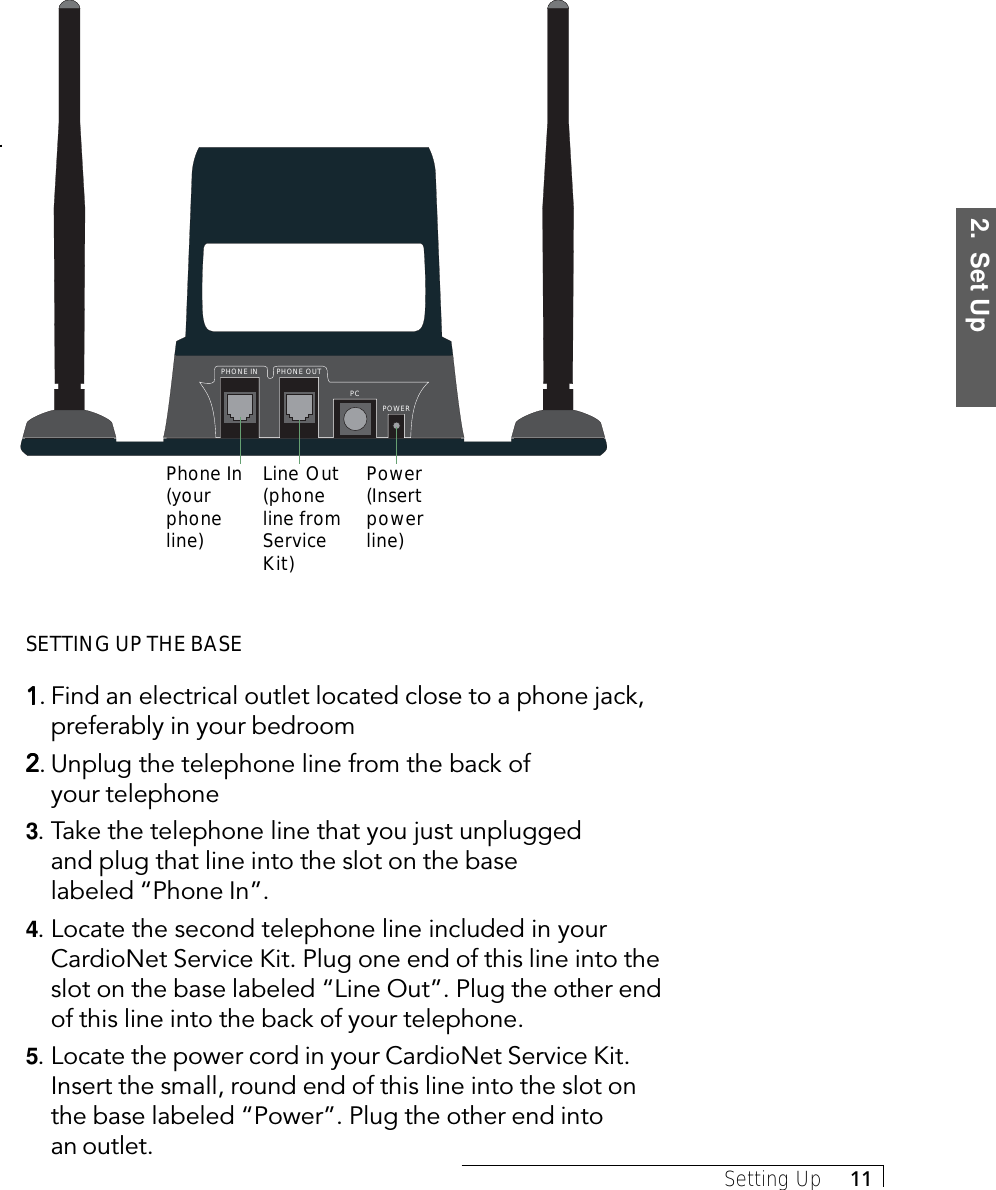 2.  Set UpSetting Up     11SETTING UP THE BASE11111. Find an electrical outlet located close to a phone jack,preferably in your bedroom22222. Unplug the telephone line from the back ofyour telephone3. Take the telephone line that you just unpluggedand plug that line into the slot on the baselabeled “Phone In”.4. Locate the second telephone line included in yourCardioNet Service Kit. Plug one end of this line into theslot on the base labeled “Line Out”. Plug the other endof this line into the back of your telephone.5. Locate the power cord in your CardioNet Service Kit.Insert the small, round end of this line into the slot onthe base labeled “Power”. Plug the other end intoan outlet.PHONE IN PHONE OUTPCPOWERPhone In(yourphoneline)Line Out(phoneline fromServiceKit)Power(Insertpowerline)