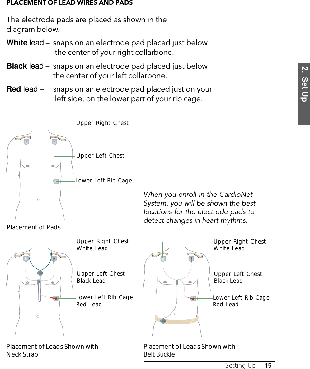 2.  Set UpSetting Up     15PLACEMENT OF LEAD WIRES AND PADSThe electrode pads are placed as shown in thediagram below.White lead – snaps on an electrode pad placed just below the center of your right collarbone.Black lead – snaps on an electrode pad placed just belowthe center of your left collarbone.Red lead – snaps on an electrode pad placed just on your left side, on the lower part of your rib cage.Placement of Leads Shown withNeck Strap Placement of Leads Shown withBelt BuckleWhen you enroll in the CardioNetSystem, you will be shown the bestlocations for the electrode pads todetect changes in heart rhythms.Placement of PadsUpper Right ChestUpper Left ChestLower Left Rib CageLower Left Rib CageRed LeadUpper Right ChestWhite Lead Upper Right ChestWhite LeadUpper Left ChestBlack Lead Upper Left ChestBlack LeadLower Left Rib CageRed Lead