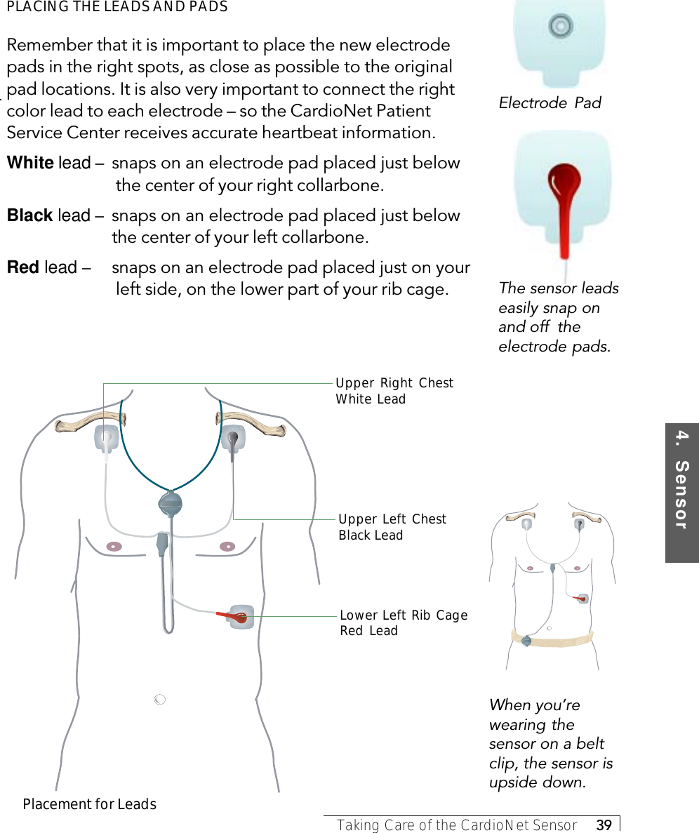 4.  SensorTaking Care of the CardioNet Sensor     39Electrode PadWhen you’rewearing thesensor on a beltclip, the sensor isupside down.PLACING THE LEADS AND PADSRemember that it is important to place the new electrodepads in the right spots, as close as possible to the originalpad locations. It is also very important to connect the rightcolor lead to each electrode – so the CardioNet PatientService Center receives accurate heartbeat information.White lead – snaps on an electrode pad placed just below the center of your right collarbone.Black lead – snaps on an electrode pad placed just belowthe center of your left collarbone.Red lead – snaps on an electrode pad placed just on your left side, on the lower part of your rib cage.Placement for LeadsUpper Right ChestWhite LeadThe sensor leadseasily snap onand off  theelectrode pads.Upper Left ChestBlack LeadLower Left Rib CageRed Lead