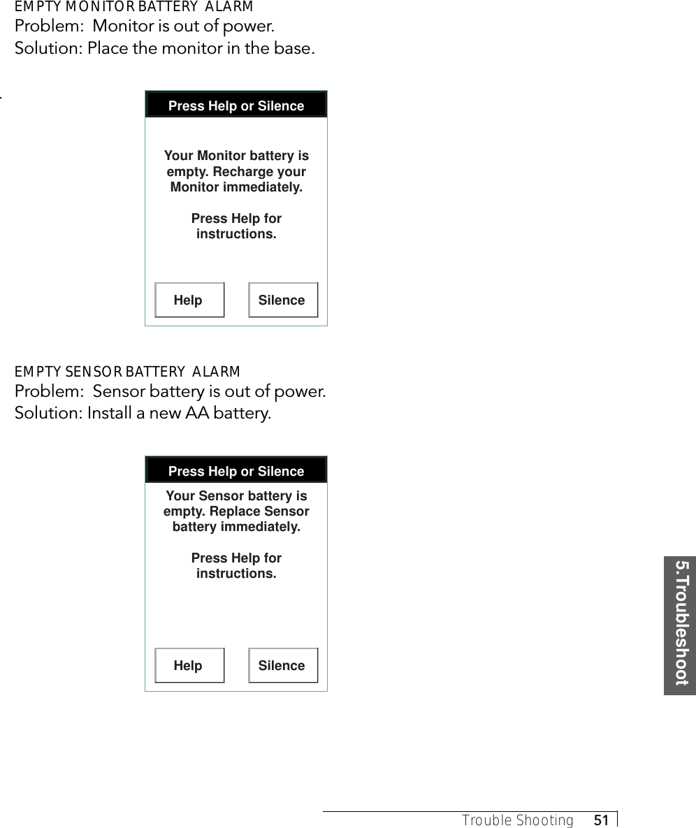 5.TroubleshootTrouble Shooting     51EMPTY MONITOR BATTERY  ALARMProblem:  Monitor is out of power.Solution: Place the monitor in the base.Press Help or SilenceHelp SilenceYour Monitor battery is empty. Recharge your Monitor immediately.Press Help for instructions.EMPTY SENSOR BATTERY  ALARMProblem:  Sensor battery is out of power.Solution: Install a new AA battery.Press Help or SilenceHelp SilenceYour Sensor battery is empty. Replace Sensor battery immediately.Press Help for instructions.