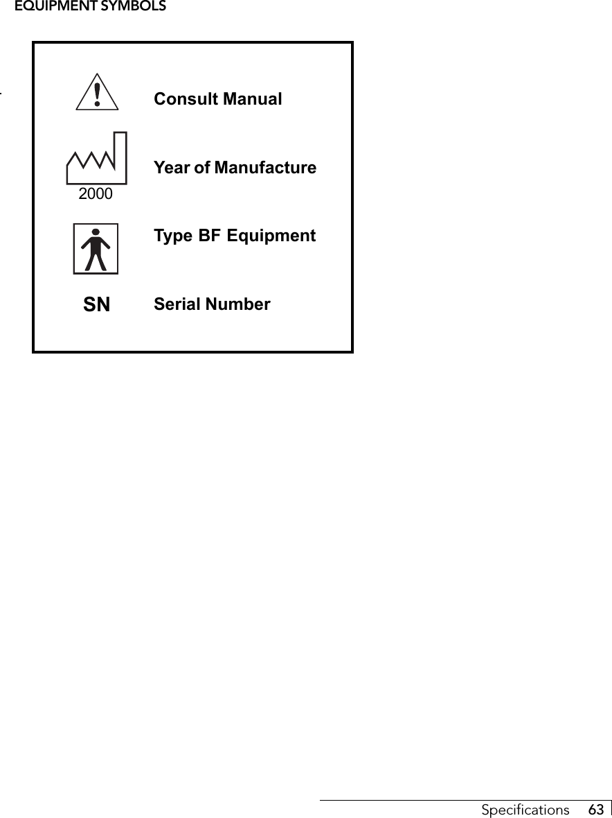 Specifications     63EQUIPMENT SYMBOLSSNConsult ManualYear of ManufactureType BF EquipmentSerial Number2000