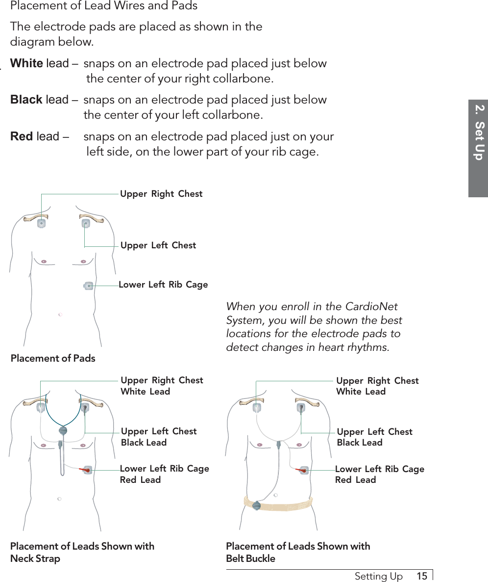 2.  Set UpSetting Up     15Placement of Lead Wires and PadsThe electrode pads are placed as shown in thediagram below.White lead – snaps on an electrode pad placed just below the center of your right collarbone.Black lead – snaps on an electrode pad placed just belowthe center of your left collarbone.Red lead – snaps on an electrode pad placed just on your left side, on the lower part of your rib cage.Placement of Leads Shown withNeck StrapPlacement of Leads Shown withBelt BuckleWhen you enroll in the CardioNetSystem, you will be shown the bestlocations for the electrode pads todetect changes in heart rhythms.Placement of PadsUpper Right ChestUpper Left ChestLower Left Rib CageLower Left Rib CageRed LeadUpper Right ChestWhite Lead Upper Right ChestWhite LeadUpper Left ChestBlack Lead Upper Left ChestBlack LeadLower Left Rib CageRed Lead