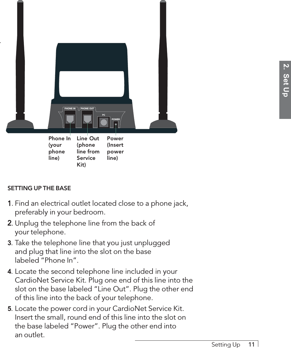 2.  Set UpSetting Up     11SETTING UP THE BASE11111. Find an electrical outlet located close to a phone jack,preferably in your bedroom.22222. Unplug the telephone line from the back ofyour telephone.3. Take the telephone line that you just unpluggedand plug that line into the slot on the baselabeled “Phone In”.4. Locate the second telephone line included in yourCardioNet Service Kit. Plug one end of this line into theslot on the base labeled “Line Out”. Plug the other endof this line into the back of your telephone.5. Locate the power cord in your CardioNet Service Kit.Insert the small, round end of this line into the slot onthe base labeled “Power”. Plug the other end intoan outlet.PHONE IN PHONE OUTPCPOWERPhone In(yourphoneline)Line Out(phoneline fromServiceKit)Power(Insertpowerline)