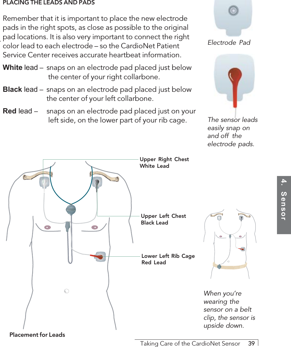 4.  SensorTaking Care of the CardioNet Sensor     39Electrode PadWhen you’rewearing thesensor on a beltclip, the sensor isupside down.PLACING THE LEADS AND PADSRemember that it is important to place the new electrodepads in the right spots, as close as possible to the originalpad locations. It is also very important to connect the rightcolor lead to each electrode – so the CardioNet PatientService Center receives accurate heartbeat information.White lead – snaps on an electrode pad placed just below the center of your right collarbone.Black lead – snaps on an electrode pad placed just belowthe center of your left collarbone.Red lead – snaps on an electrode pad placed just on your left side, on the lower part of your rib cage.Placement for LeadsUpper Right ChestWhite LeadThe sensor leadseasily snap onand off  theelectrode pads.Upper Left ChestBlack LeadLower Left Rib CageRed Lead