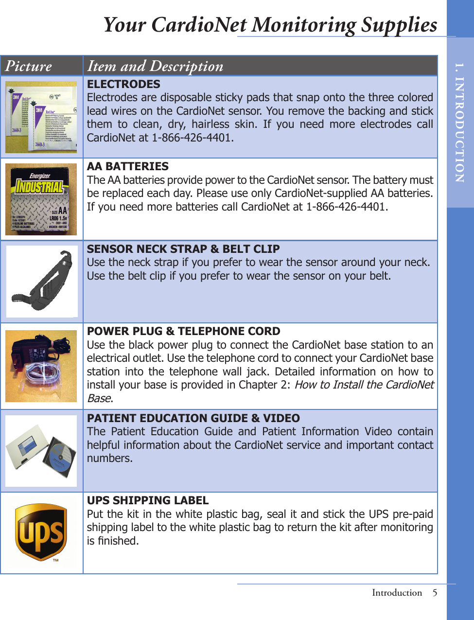 Introduction  5Picture Item and DescriptionELECTRODESElectrodes are disposable sticky pads that snap onto the three colored lead wires on the CardioNet sensor. You remove the backing and stick them  to  clean,  dry,  hairless  skin.  If  you  need  more  electrodes  call CardioNet at 1-866-426-4401.AA BATTERIESThe AA batteries provide power to the CardioNet sensor. The battery must be replaced each day. Please use only CardioNet-supplied AA batteries. If you need more batteries call CardioNet at 1-866-426-4401.SENSOR NECK STRAP &amp; BELT CLIPUse the neck strap if you prefer to wear the sensor around your neck.Use the belt clip if you prefer to wear the sensor on your belt. POWER PLUG &amp; TELEPHONE CORDUse the black power plug to connect the CardioNet base station to an electrical outlet. Use the telephone cord to connect your CardioNet base station  into  the  telephone  wall  jack.  Detailed  information  on  how  to install your base is provided in Chapter 2: How to Install the CardioNet Base.PATIENT EDUCATION GUIDE &amp; VIDEOThe  Patient  Education  Guide  and  Patient  Information  Video  contain helpful information about the CardioNet service and important contact numbers. UPS SHIPPING LABELPut the kit in the white plastic bag, seal it and stick the UPS pre-paid shipping label to the white plastic bag to return the kit after monitoring is nished.Your CardioNet Monitoring Supplies1.   I N T RODUC T ION