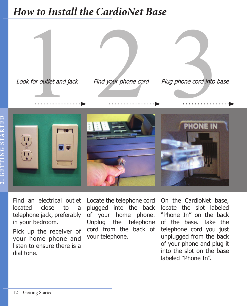 31 2Find  an  electrical  outlet located  close  to  a telephone jack, preferably in your bedroom.Pick  up  the  receiver  of your  home  phone  and listen to ensure there is a dial tone. On  the  CardioNet  base, locate  the  slot  labeled “Phone  In”  on  the  back of  the  base.  Take  the telephone  cord  you  just unplugged from the back of your phone and plug it into the slot on the base labeled “Phone In”.Locate the telephone cord plugged  into  the  back of  your  home  phone. Unplug  the  telephone cord  from  the  back  of  your telephone.Look for outlet and jack Find your phone cord Plug phone cord into base12  Getting StartedHow to Install the CardioNet Base2 .  G ET TI NG  STA R TED