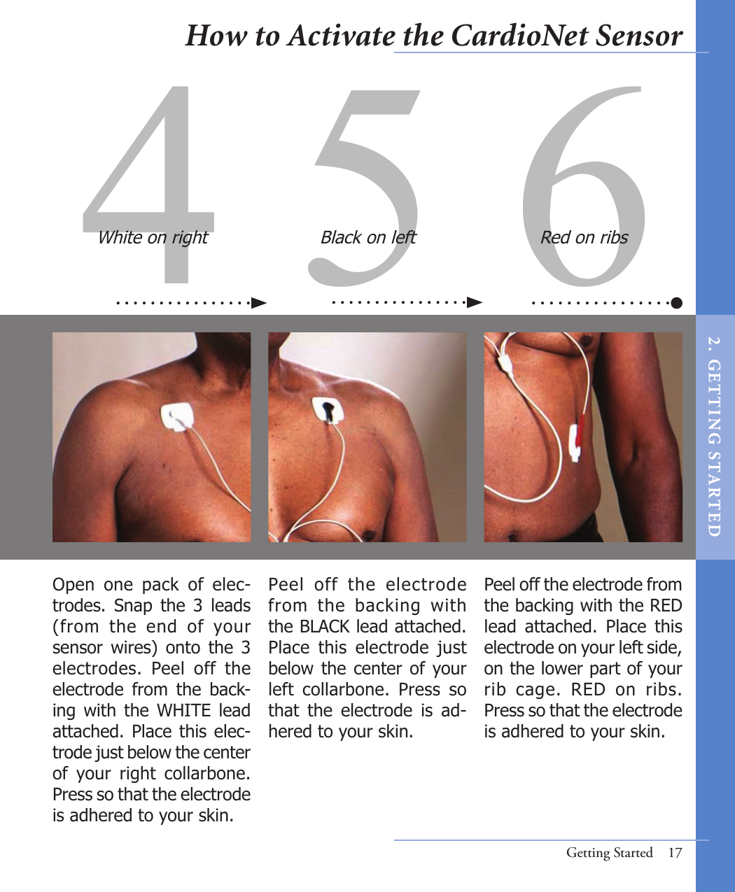 Peel  off  the  electrode from  the  backing  with the BLACK lead attached. Place  this  electrode  just below  the  center of your left  collarbone.  Press  so that  the  electrode  is  ad-hered to your skin.Open  one  pack  of  elec-trodes.  Snap  the  3  leads (from  the  end  of  your sensor  wires)  onto  the  3 electrodes.  Peel  off  the electrode  from  the  back-ing  with the  WHITE  lead attached. Place this  elec-trode just below the center of  your  right  collarbone. Press so that the electrode is adhered to your skin.4 5 6Peel off the electrode from the backing with the RED lead  attached.  Place  this electrode on your left side, on the lower part of your rib  cage.  RED  on  ribs.  Press so that the electrode is adhered to your skin.Red on ribsGetting Started  17White on right Black on leftHow to Activate the CardioNet Sensor2 .  G ET TI NG  STA R TED