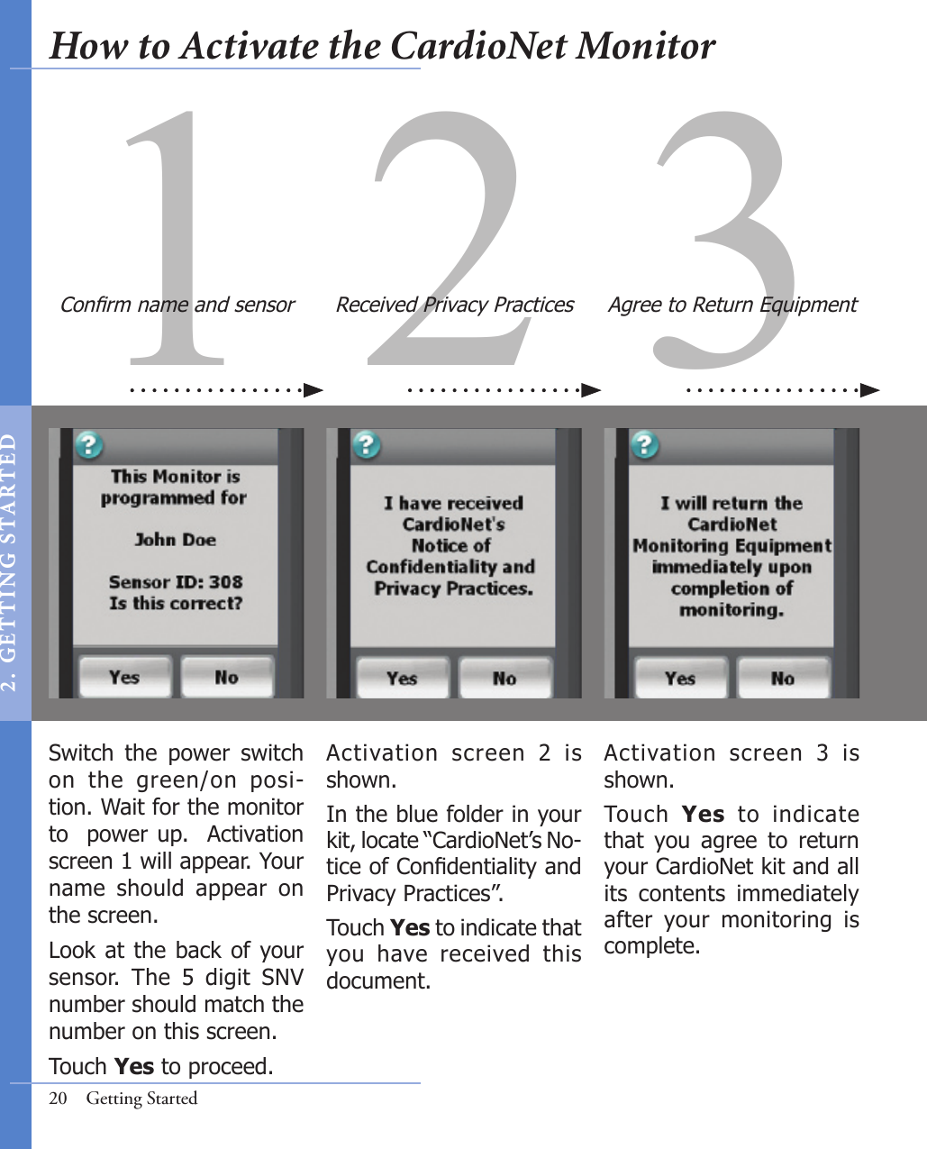31 2Switch  the  power  switch on  the  green/on  posi-tion. Wait for the monitor to  power up.  Activation screen 1 will appear. Your name  should  appear  on the screen. Look at the back of your sensor.  The  5  digit  SNV number should match the number on this screen. Touch Yes to proceed.Conrm name and sensorActivation  screen  3  is shown.Touch  Yes  to  indicate that  you  agree  to  return your CardioNet kit and all its  contents  immediately after  your  monitoring  is complete. Activation  screen  2  is shown.In the blue folder in your kit, locate “CardioNet’s No-tice of Condentiality and Privacy Practices”.Touch Yes to indicate that you  have  received  this document.Received Privacy Practices Agree to Return Equipment20  Getting StartedHow to Activate the CardioNet Monitor2 .  G ET TI NG  STA R TED