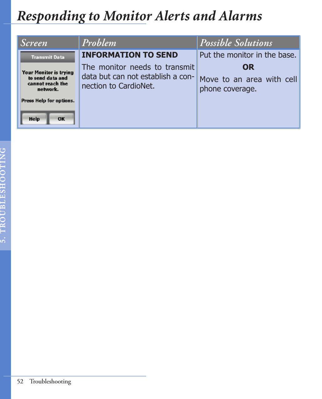 52  TroubleshootingScreen Problem Possible SolutionsINFORMATION TO SENDThe  monitor  needs  to  transmit data but can not establish a con-nection to CardioNet. Put the monitor in the base.ORMove  to  an  area  with  cell phone coverage.Responding to Monitor Alerts and Alarms5.   T ROU BL E S HO O T I N G