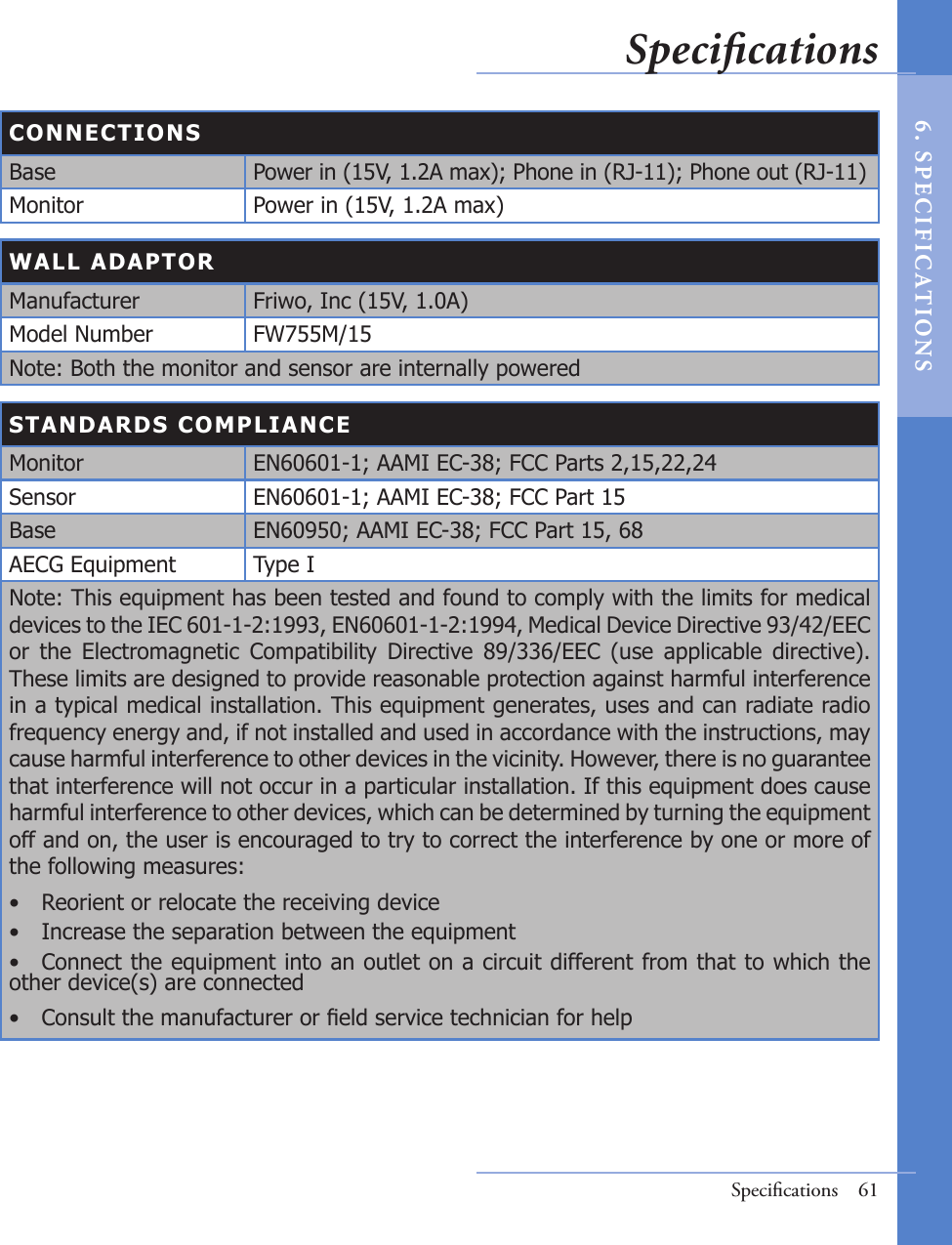 CONNECTIONSBase Power in (15V, 1.2A max); Phone in (RJ-11); Phone out (RJ-11)Monitor Power in (15V, 1.2A max)WALL ADAPTORManufacturer Friwo, Inc (15V, 1.0A)Model Number FW755M/15Note: Both the monitor and sensor are internally poweredSTANDARDS COMPLIANCEMonitor EN60601-1; AAMI EC-38; FCC Parts 2,15,22,24Sensor EN60601-1; AAMI EC-38; FCC Part 15Base EN60950; AAMI EC-38; FCC Part 15, 68AECG Equipment Type INote: This equipment has been tested and found to comply with the limits for medical devices to the IEC 601-1-2:1993, EN60601-1-2:1994, Medical Device Directive 93/42/EEC or  the  Electromagnetic  Compatibility  Directive  89/336/EEC  (use  applicable  directive). These limits are designed to provide reasonable protection against harmful interference in a typical medical installation. This equipment generates, uses and can radiate radio frequency energy and, if not installed and used in accordance with the instructions, may cause harmful interference to other devices in the vicinity. However, there is no guarantee that interference will not occur in a particular installation. If this equipment does cause harmful interference to other devices, which can be determined by turning the equipment off and on, the user is encouraged to try to correct the interference by one or more of the following measures:•  Reorient or relocate the receiving device•  Increase the separation between the equipment•  Connect the equipment into an outlet on a circuit different from that to which the other device(s) are connected•  Consult the manufacturer or eld service technician for helpSpeciﬁcations  61Speciﬁcations6 .  S PE C I F IC AT IONS
