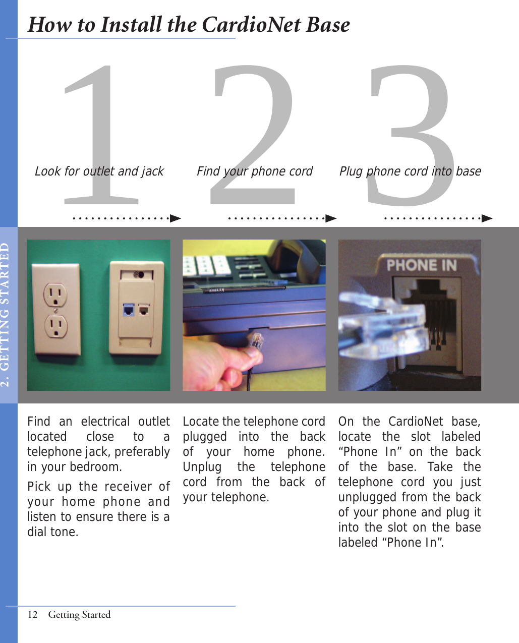 31 2Find  an  electrical  outlet located  close  to  a telephone jack, preferably in your bedroom.Pick up the receiver of your home phone and listen to ensure there is a dial tone. On  the  CardioNet  base, locate  the  slot  labeled “Phone  In”  on  the  back of  the  base.  Take  the telephone  cord  you  just unplugged from the back of your phone and plug it into the slot on the base labeled “Phone In”.Locate the telephone cord plugged  into  the  back of  your  home  phone. Unplug  the  telephone cord  from  the  back  of  your telephone.Look for outlet and jack Find your phone cord Plug phone cord into base12  Getting StartedHow to Install the CardioNet Base2 .   GET T I NG  S TA RT E D