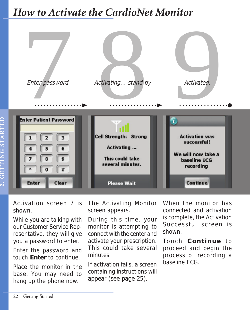 97 8Activation  screen  7  is shown.While you are talking with our Customer Service Rep-resentative, they will give you a password to enter. Enter the password and touch Enter to continue.  Place the monitor in the base. You may need to hang up the phone now.When the monitor has connected and activation is complete, the Activation Successful  screen  is shown. Touch  Continue  to proceed and begin the process  of  recording  a baseline ECG. The  Activating  Monitor screen appears.During this time, your monitor is attempting to connect with the center and activate your prescription. This could take several minutes.  If activation fails, a screen containing instructions will appear (see page 25). Enter password Activating... stand by Activated.22  Getting StartedHow to Activate the CardioNet Monitor2 .   GET T I NG  S TA RT E D