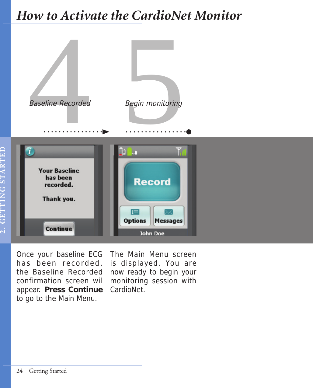 4 5Once your baseline ECG has  been  recorded, the Baseline Recorded confirmation screen wil appear. Press Continue to go to the Main Menu. The  Main  Menu screen is  displayed.  You  are now ready to begin your monitoring session with CardioNet. Baseline Recorded Begin monitoring24  Getting StartedHow to Activate the CardioNet Monitor2 .   GET T I NG  S TA RT E D