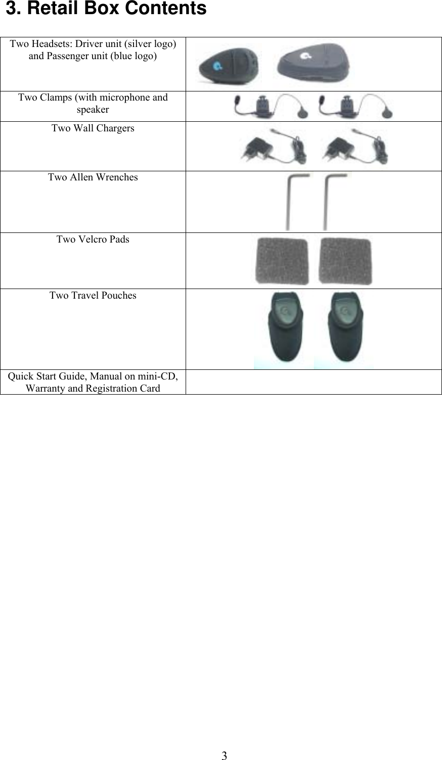  33. Retail Box Contents  Two Headsets: Driver unit (silver logo) and Passenger unit (blue logo)  Two Clamps (with microphone and speaker       Two Wall Chargers        Two Allen Wrenches  Two Velcro Pads  Two Travel Pouches  Quick Start Guide, Manual on mini-CD, Warranty and Registration Card     