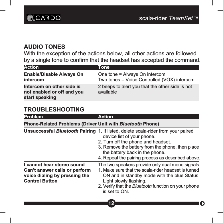 AUDIO TONESWith the exception of the actions below, all other actions are followedby a single tone to confirm that the headset has accepted the command.Action ToneEnable/Disable Always On  One tone = Always On intercomintercom Two tones = Voice Controlled (VOX) intercomIntercom on other side is 2 beeps to alert you that the other side is notnot enabled or off and you availablestart speakingTROUBLESHOOTINGProblem ActionPhone-Related Problems (Driver Unit with Bluetooth Phone)Unsuccessful Bluetooth Pairing 1. If listed, delete scala-rider from your paired device list of your phone.2. Turn off the phone and headset.3. Remove the battery from the phone, then placethe battery back in the phone.4. Repeat the pairing process as described above.I cannot hear stereo sound The two speakers provide only dual mono signals.Can’t answer calls or perform 1. Make sure that the scala-rider headset is turnedvoice dialing by pressing the ON and in standby mode with the blue StatusControl Button Light slowly flashing.2. Verify that the Bluetooth function on your phoneis set to ON.12