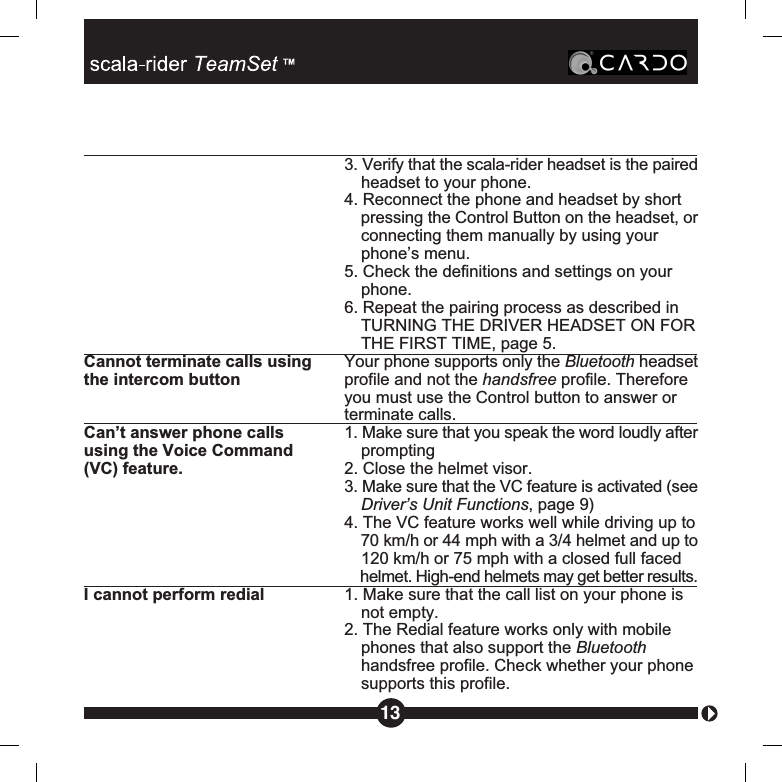 3. Verify that the scala-rider headset is the pairedheadset to your phone.4. Reconnect the phone and headset by shortpressing the Control Button on the headset, orconnecting them manually by using yourphone’s menu.5. Check the definitions and settings on your phone.6. Repeat the pairing process as described inTURNING THE DRIVER HEADSET ON FORTHE FIRST TIME, page 5.Cannot terminate calls using Your phone supports only the Bluetooth headsetthe intercom button profile and not the handsfree profile. Therefore you must use the Control button to answer or terminate calls.Can’t answer phone calls 1. Make sure that you speak the word loudly afterusing the Voice Command  prompting(VC) feature. 2. Close the helmet visor.3. Make sure that the VC feature is activated (seeDriver’s Unit Functions, page 9)4. The VC feature works well while driving up to70 km/h or 44 mph with a 3/4 helmet and up to120 km/h or 75 mph with a closed full faced helmet. High-end helmets may get better results.I cannot perform redial 1. Make sure that the call list on your phone is not empty.2. The Redial feature works only with mobile phones that also support the Bluetooth handsfree profile. Check whether your phonesupports this profile.13