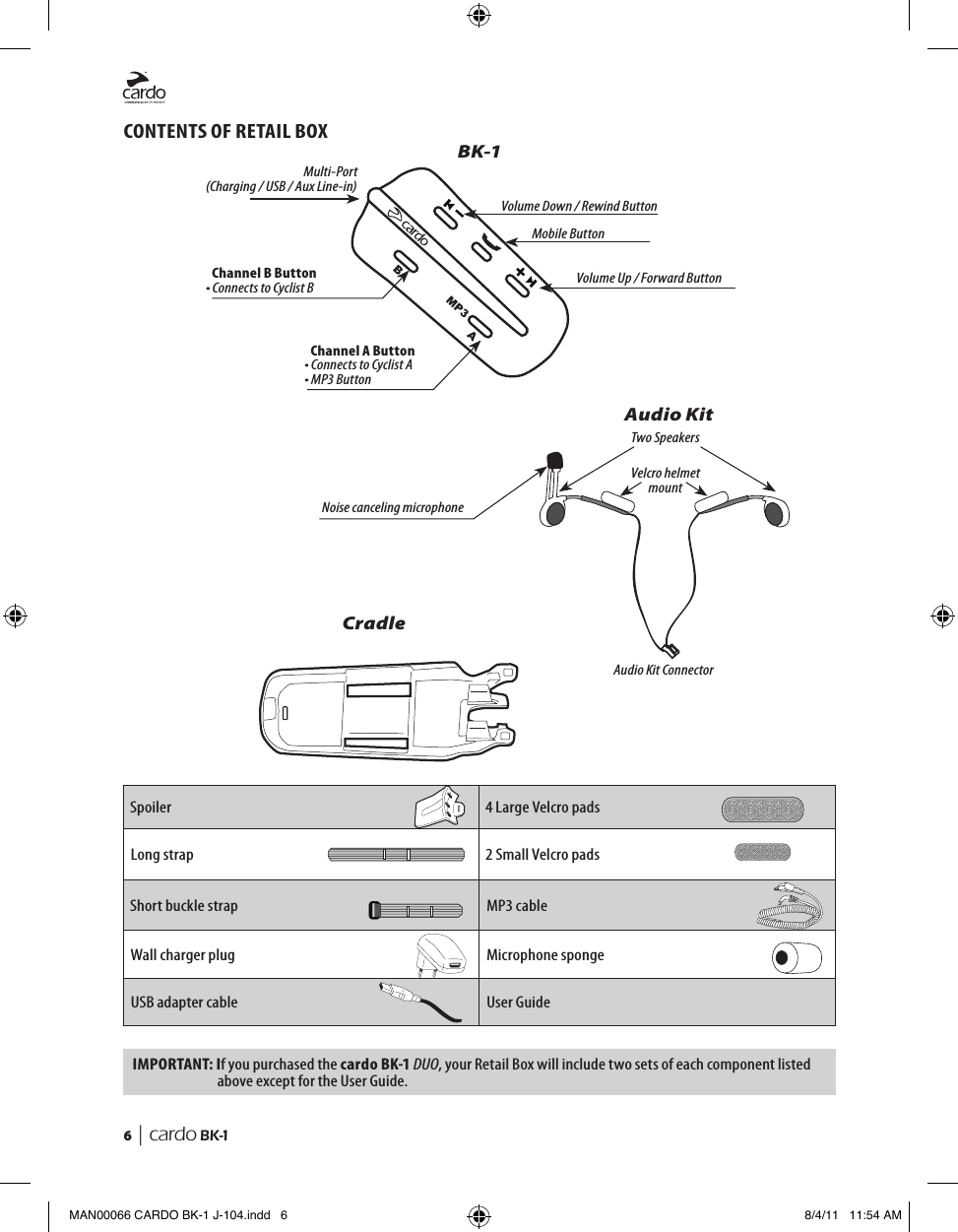 6  | cardo BK-1CONTENTS OF RETAIL BOXBK-1Channel B Button• Connects to Cyclist BVolume Down / Rewind ButtonMulti-Port(Charging / USB / Aux Line-in)Mobile ButtonVolume Up / Forward ButtonChannel A Button• Connects to Cyclist A• MP3 ButtonCradleAudio KitVelcro helmet mountAudio Kit ConnectorTwo SpeakersNoise canceling microphoneSpoiler  4 Large Velcro pads Long strap  2 Small Velcro pads Short buckle strap  MP3 cable Wall charger plug  Microphone sponge USB adapter cable  User GuideIMPORTANT:  If you purchased the cardo BK-1 DUO, your Retail Box will include two sets of each component listed above except for the User Guide.MAN00066 CARDO BK-1 J-104.indd   6 8/4/11   11:54 AM