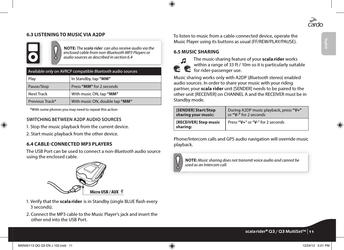 6.3 LISTENING TO MUSIC VIA A2DP 6.3 LISTENING TO MUSIC VIA A2DPNOTE: The scala rider  can also receive audio via the enclosed cable from non-Bluetooth MP3 Players or audio sources as described in section 6.4Available only on AVRCP compatible Bluetooth audio sourcesPlay In Standby, tap “MM”Pause/Stop Press “MM” for 2 secondsNext Track With music ON, tap “MM”Previous Track* With music ON, double tap “MM”  *With some phones you may need to repeat this actionSWITCHING BETWEEN A2DP AUDIO SOURCES1. Stop the music playback from the current device.2. Start music playback from the other device.6.4 CABLECONNECTED MP3 PLAYERSThe USB Port can be used to connect a non-Bluetooth audio source using the enclosed cable.Micro USB / AUX •1.  Verify that the scala rider  is in Standby (single BLUE ash every 3 seconds).2.  Connect the MP3 cable to the Music Player’s jack and insert the other end into the USB Port.To listen to music from a cable-connected device, operate the Music Player using its buttons as usual (FF/REW/PLAY/PAUSE).6.5 MUSIC SHARINGThe music-sharing feature of your scala rider works within a range of 33 ft / 10m so it is particularly suitable for rider-passenger use.Music sharing works only with A2DP (Bluetooth stereo) enabled audio sources. In order to share your music with your riding partner, your scala rider unit [SENDER] needs to be paired to the other unit [RECEIVER] on CHANNEL A and the RECEIVER must be in Standby mode.[SENDER] Start/Stop sharing your music:During A2DP music playback, press “V+” or “V-” for 2 seconds[RECEIVER] Stop music sharing:Press “V+” or “V-” for 2 secondsPhone/Intercom calls and GPS audio navigation will override music playback. NOTE: Music sharing does not transmit voice audio and cannot be used as an Intercom call.scala rider® Q3 / Q3 MultiSet™ | 11MAN00113 QG Q3 EN J 102.indd   11 12/24/12   5:01 PM