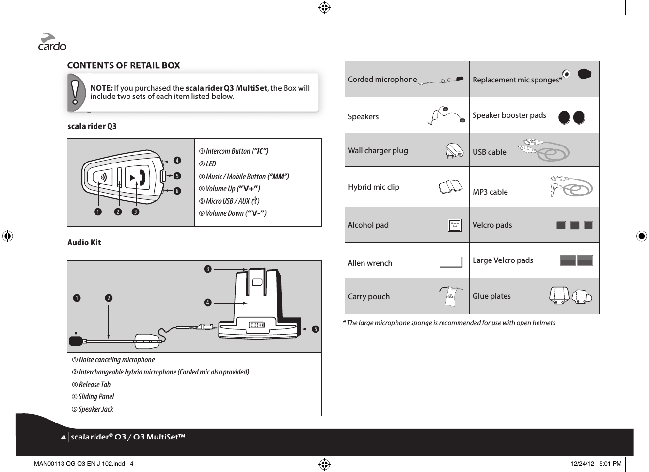 CONTENTS OF RETAIL BOX CONTENTS OF RETAIL BOX NOTE: If you purchased the scala rider Q3 MultiSet, the Box will include two sets of each item listed below.scala rider Q3➊ ➋ ➌➍➎➏① Intercom Button (“IC”)② LED③ Music / Mobile Button (“MM”)④ Volume Up (“V+”)⑤ Micro USB / AUX (•) ⑥ Volume Down (“V-”)Audio Kit➊ ➋➌➍➎① Noise canceling microphone② Interchangeable hybrid microphone (Corded mic also provided)③ Release Tab④ Sliding Panel⑤ Speaker JackCorded microphone Replacement mic sponges*Speakers Speaker booster padsWall charger plug USB cableHybrid mic clip MP3 cableAlcohol pad AlcoholPad Velcro padsAllen wrench Large Velcro padsCarry pouch Glue plates* The large microphone sponge is recommended for use with open helmets4 | scala rider® Q3 / Q3 MultiSet™MAN00113 QG Q3 EN J 102.indd   4 12/24/12   5:01 PM