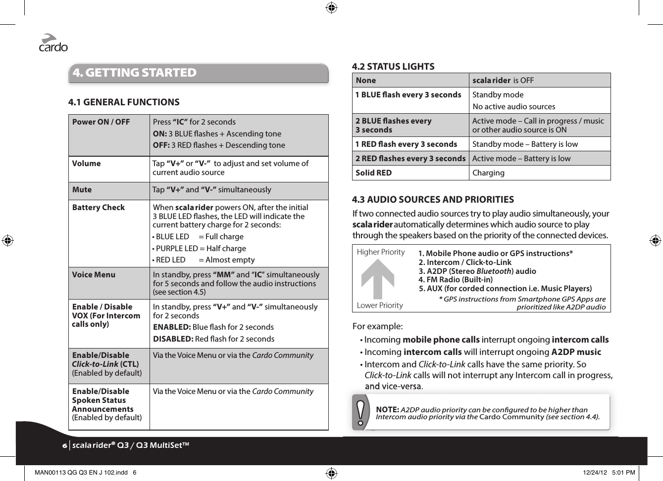 4. GETTING STARTED4.1 GENERAL FUNCTIONSPower ON / OFF Press “IC” for 2 secondsON: 3 BLUE ashes + Ascending toneOFF: 3 RED ashes + Descending toneVolume Tap “V+” or “V-”  to adjust and set volume of current audio sourceMute  Tap “V+” and “V-” simultaneouslyBattery Check When scala rider powers ON, after the initial 3 BLUE LED ashes, the LED will indicate the current battery charge for 2 seconds:• BLUE LED   = Full charge• PURPLE LED = Half charge• RED LED   = Almost emptyVoice Menu In standby, press “MM” and “IC” simultaneously for 5 seconds and follow the audio instructions (see section 4.5)Enable / Disable VOX (For Intercom calls only)In standby, press “V+” and “V-” simultaneously for 2 secondsENABLED: Blue ash for 2 secondsDISABLED: Red ash for 2 secondsEnable/Disable Click-to-Link (CTL) (Enabled by default)Via the Voice Menu or via the Cardo CommunityEnable/Disable Spoken Status Announcements (Enabled by default)Via the Voice Menu or via the Cardo Community4.2 STATUS LIGHTSNone scala rider  is OFF1 BLUE ash every 3 seconds  Standby modeNo active audio sources2 BLUE ashes every 3 secondsActive mode – Call in progress / music or other audio source is ON1 RED ash every 3 seconds Standby mode – Battery is low2 RED ashes every 3 seconds Active mode – Battery is lowSolid RED Charging4.3 AUDIO SOURCES AND PRIORITIESIf two connected audio sources try to play audio simultaneously, your scala rider automatically determines which audio source to play through the speakers based on the priority of the connected devices.Higher Priority 1. Mobile Phone audio or GPS instructions*2. Intercom / Click-to-Link3. A2DP (Stereo Bluetooth) audio4. FM Radio (Built-in)5. AUX (for corded connection i.e. Music Players)* GPS instructions from Smartphone GPS Apps are prioritized like A2DP audioLower PriorityFor example:•  Incoming mobile phone calls interrupt ongoing intercom calls• Incoming intercom calls will interrupt ongoing A2DP music•  Intercom and Click-to-Link calls have the same priority. So Click-to-Link calls will not interrupt any Intercom call in progress, and vice-versa.and vice-versa. NOTE: A2DP audio priority can be congured to be higher than Intercom audio priority via the Cardo Community (see section 4.4).6 | scala rider® Q3 / Q3 MultiSet™MAN00113 QG Q3 EN J 102.indd   6 12/24/12   5:01 PM