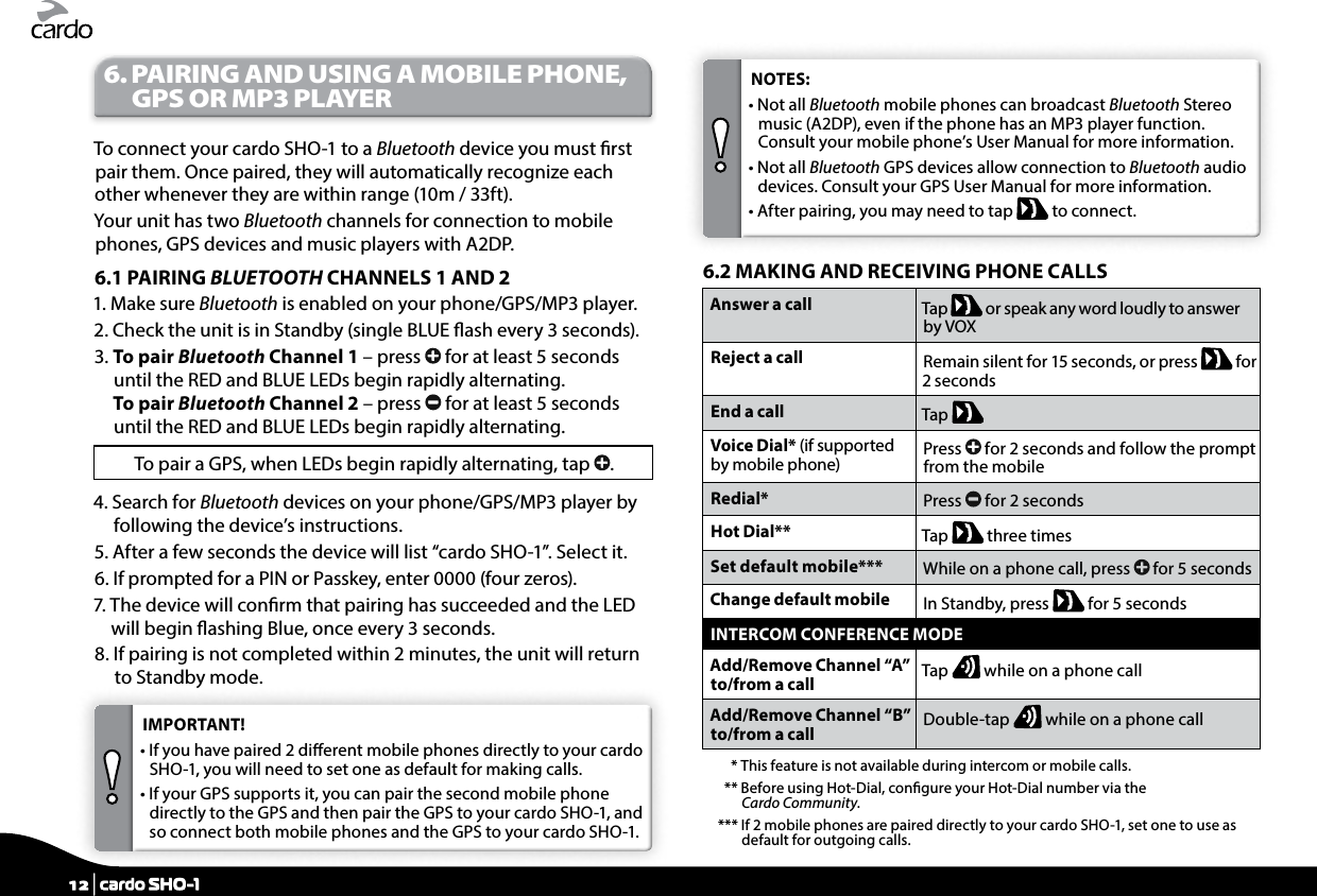 6.  PAIRING AND USING A MOBILE PHONE, GPS OR MP3 PLAYERTo connect your cardo SHO-1 to a Bluetooth device you must rst pair them. Once paired, they will automatically recognize each other whenever they are within range (10m / 33ft). Your unit has two Bluetooth channels for connection to mobile phones, GPS devices and music players with A2DP.6.1 PAIRING BLUETOOTH CHANNELS 1 AND 21.  Make sure Bluetooth is enabled on your phone/GPS/MP3 player.2.  Check the unit is in Standby (single BLUE ash every 3 seconds).3.  To  pair  Bluetooth Channel 1 – press   for at least 5 seconds until the RED and BLUE LEDs begin rapidly alternating. To pair Bluetooth Channel 2 – press   for at least 5 seconds until the RED and BLUE LEDs begin rapidly alternating.To pair a GPS, when LEDs begin rapidly alternating, tap  .4.  Search for Bluetooth devices on your phone/GPS/MP3 player by following the device’s instructions.5.  After a few seconds the device will list “cardo SHO-1”. Select it.6.  If prompted for a PIN or Passkey, enter 0000 (four zeros).7.  The device will conrm that pairing has succeeded and the LED will begin ashing Blue, once every 3 seconds.8.  If pairing is not completed within 2 minutes, the unit will return to Standby mode. IMPORTANT!•  If you have paired 2 dierent mobile phones directly to your cardo SHO-1, you will need to set one as default for making calls. •  If your GPS supports it, you can pair the second mobile phone directly to the GPS and then pair the GPS to your cardo SHO-1, and so connect both mobile phones and the GPS to your cardo SHO-1. NOTES: •  Not all Bluetooth mobile phones can broadcast Bluetooth Stereo music (A2DP), even if the phone has an MP3 player function. Consult your mobile phone’s User Manual for more information.•  Not all Bluetooth GPS devices allow connection to Bluetooth audio devices. Consult your GPS User Manual for more information.•  After pairing, you may need to tap   to connect.6.2 MAKING AND RECEIVING PHONE CALLSAnswer a call Tap   or speak any word loudly to answer by VOX Reject a call Remain silent for 15 seconds, or press   for 2 seconds End a call Tap   Voice Dial* (if supported by mobile phone) Press   for 2 seconds and follow the prompt from the mobileRedial* Press   for 2 secondsHot Dial** Tap   three timesSet default mobile*** While on a phone call, press   for 5 secondsChange default mobile In Standby, press   for 5 secondsINTERCOM CONFERENCE MODEAdd/Remove Channel “A” to/from a call Tap   while on a phone callAdd/Remove Channel “B” to/from a call Double-tap   while on a phone call      * This feature is not available during intercom or mobile calls.    **  Before using Hot-Dial, congure your Hot-Dial number via the Cardo Community.  ***  If 2 mobile phones are paired directly to your cardo SHO-1, set one to use as default for outgoing calls. 12 | cardo SHO-1