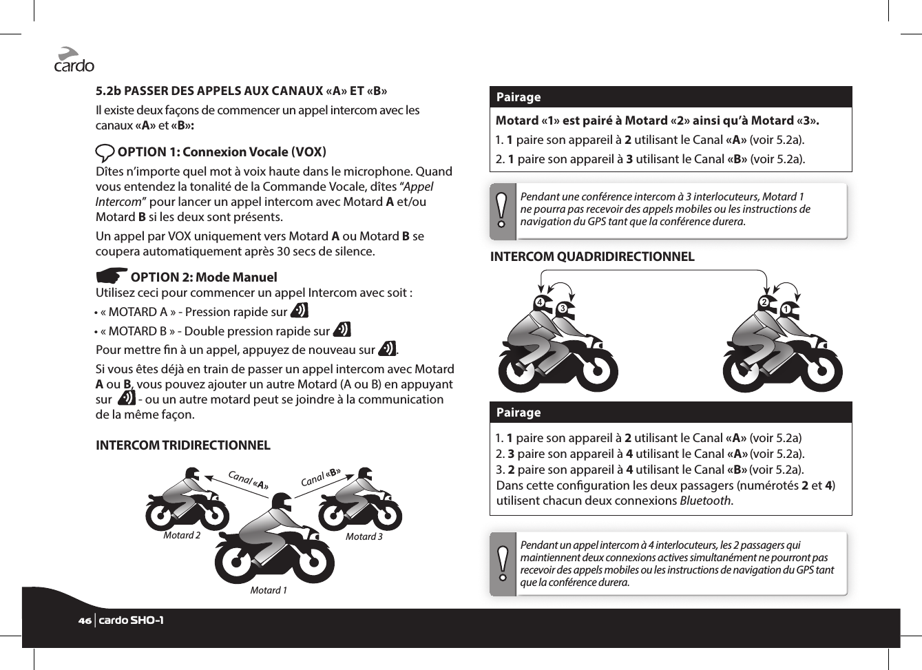 5.2b PASSER DES APPELS AUX CANAUX «A» ET «B»Il existe deux façons de commencer un appel intercom avec les canaux «A» et «B»: OPTION 1: Connexion Vocale VOX Dîtes n’importe quel mot à voix haute dans le microphone. Quand vous entendez la tonalité de la Commande Vocale, dîtes “Appel Intercom” pour lancer un appel intercom avec Motard A et/ou Motard B si les deux sont présents.Un appel par VOX uniquement vers Motard A ou Motard B se coupera automatiquement après 30 secs de silence.☛ OPTION 2: Mode ManuelUtilisez ceci pour commencer un appel Intercom avec soit :• « MOTARD A » - Pression rapide sur • « MOTARD B » - Double pression rapide sur Pour mettre n à un appel, appuyez de nouveau sur  .Si vous êtes déjà en train de passer un appel intercom avec Motard A ou B, vous pouvez ajouter un autre Motard (A ou B) en appuyant sur    - ou un autre motard peut se joindre à la communication de la même façon. INTERCOM TRIDIRECTIONNELCanal «B» Canal «A»Motard 2 Motard 3Motard 1Pairage Motard «1» est pairé à Motard «2» ainsi qu’à Motard «3».1. 1 paire son appareil à 2 utilisant le Canal «A» (voir 5.2a).2. 1 paire son appareil à 3 utilisant le Canal «B» (voir 5.2a).Pendant une conférence intercom à 3 interlocuteurs, Motard 1 ne pourra pas recevoir des appels mobiles ou les instructions de navigation du GPS tant que la conférence durera.INTERCOM QUADRIDIRECTIONNELPairage1. 1 paire son appareil à 2 utilisant le Canal «A» (voir 5.2a) 2. 3 paire son appareil à 4 utilisant le Canal «A» (voir 5.2a).3.  2 paire son appareil à 4 utilisant le Canal «B» (voir 5.2a).Dans cette conguration les deux passagers (numérotés 2 et 4) utilisent chacun deux connexions Bluetooth.Pendant un appel intercom à 4 interlocuteurs, les 2 passagers qui maintiennent deux connexions actives simultanément ne pourront pas recevoir des appels mobiles ou les instructions de navigation du GPS tant que la conférence durera.46 | cardo SHO-1