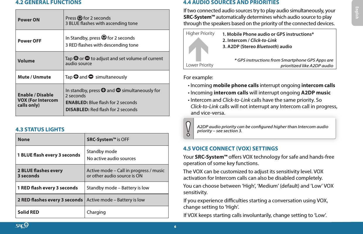 64.2 GENERAL FUNCTIONSPower ON Press   for 2 seconds3 BLUE ashes with ascending tonePower OFF In Standby, press   for 2 seconds 3 RED ashes with descending toneVolume Tap a or a to adjust and set volume of current audio sourceMute / Unmute Tap a and a  simultaneouslyEnable / Disable VOX (For Intercom calls only)In standby, press a and a simultaneously for 2 secondsENABLED: Blue ash for 2 secondsDISABLED: Red ash for 2 seconds4.3 STATUS LIGHTSNone SRC-System™ is OFF1 BLUE ash every 3 seconds  Standby modeNo active audio sources2 BLUE ashes every 3 secondsActive mode – Call in progress / music or other audio source is ON1 RED ash every 3 seconds Standby mode – Battery is low2 RED ashes every 3 seconds Active mode – Battery is lowSolid RED Charging4.4 AUDIO SOURCES AND PRIORITIESIf two connected audio sources try to play audio simultaneously, your SRC-System™ automatically determines which audio source to play through the speakers based on the priority of the connected devices.Higher Priority 1. Mobile Phone audio or GPS instructions*2. Intercom / Click-to-Link3. A2DP (Stereo Bluetooth) audio* GPS instructions from Smartphone GPS Apps are prioritized like A2DP audioLower PriorityFor example:•   Incoming  mobile phone calls interrupt ongoing intercom calls• Incoming intercom calls will interrupt ongoing A2DP music•  Intercom and Click-to-Link calls have the same priority. So Click-to-Link calls will not interrupt any Intercom call in progress, and vice-versa. A2DP audio priority can be congured higher than Intercom audio priority – see section 3.4.5 VOICE CONNECT VOX SETTINGSYour SRC-System™ oers VOX technology for safe and hands-free operation of some key functions.The VOX can be customized to adjust its sensitivity level. VOX activation for Intercom calls can also be disabled completely.You can choose between ‘High’, ‘Medium’ (default) and ‘Low’ VOX sensitivity.If you experience diculties starting a conversation using VOX, change setting to ‘High’.If VOX keeps starting calls involuntarily, change setting to ‘Low’.
