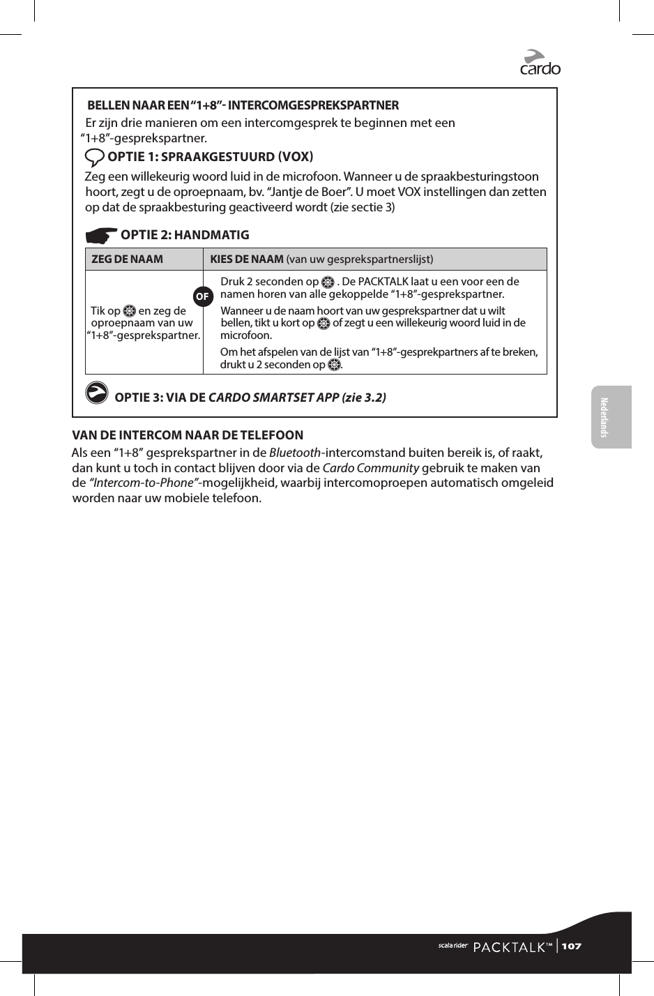  BELLEN NAAR EEN “1+8” INTERCOMGESPREKSPARTNEREr zijn drie manieren om een intercomgesprek te beginnen met een “1+8”-gesprekspartner. OPTIE 1: SPRAAKGESTUURD VOX Zeg een willekeurig woord luid in de microfoon. Wanneer u de spraakbesturingstoon hoort, zegt u de oproepnaam, bv. “Jantje de Boer”. U moet VOX instellingen dan zetten op dat de spraakbesturing geactiveerd wordt (zie sectie 3)☛ OPTIE 2: HANDMATIGZEG DE NAAM KIES DE NAAM (van uw gesprekspartnerslijst)Tik op Z en zeg de oproepnaam van uw  “1+8”-gesprekspartner.Druk 2 seconden op Z . De PACKTALK laat u een voor een de namen horen van alle gekoppelde “1+8”-gesprekspartner.Wanneer u de naam hoort van uw gesprekspartner dat u wilt bellen, tikt u kort op Z of zegt u een willekeurig woord luid in de microfoon.Om het afspelen van de lijst van “1+8”-gesprekpartners af te breken, drukt u 2 seconden op Z.g OPTIE 3: VIA DE CARDO SMARTSET APP (zie 3.2)VAN DE INTERCOM NAAR DE TELEFOONAls een “1+8” gesprekspartner in de Bluetooth-intercomstand buiten bereik is, of raakt, dan kunt u toch in contact blijven door via de Cardo Community gebruik te maken van de “Intercom-to-Phone”-mogelijkheid, waarbij intercomoproepen automatisch omgeleid worden naar uw mobiele telefoon.OF | 107FrançaisNederlands