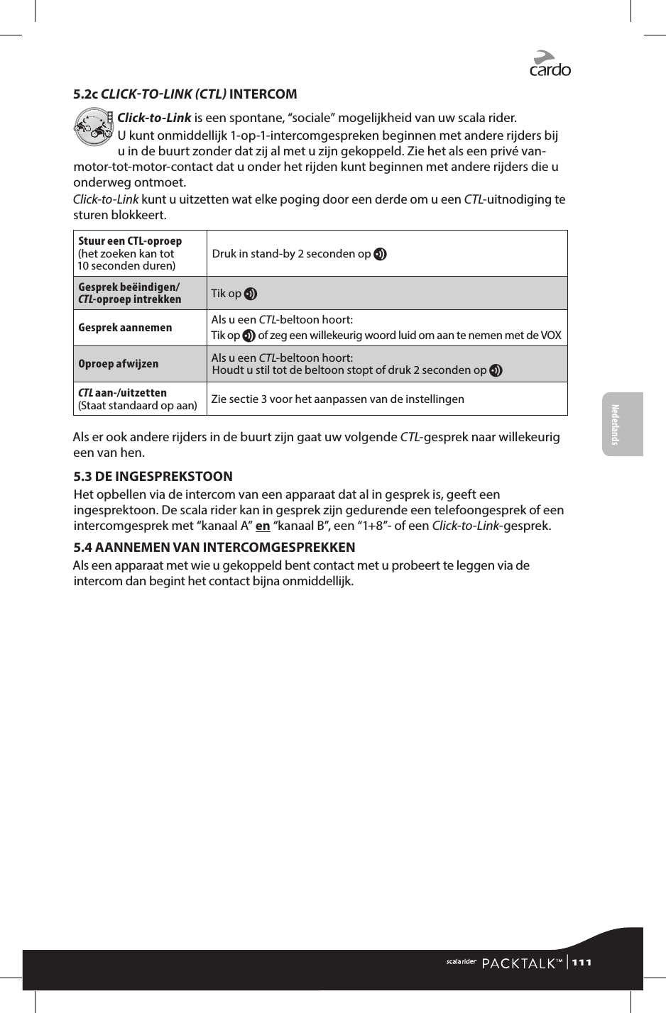 5.2c CLICKTOLINK CTL INTERCOMClick-to-Link is een spontane, “sociale” mogelijkheid van uw scala rider.U kunt onmiddellijk 1-op-1-intercom gespreken beginnen met andere rijders bij u in de buurt zonder dat zij al met u zijn gekoppeld. Zie het als een privé van-motor-tot-motor-contact dat u onder het rijden kunt beginnen met andere rijders die u onderweg ontmoet. Click-to-Link kunt u uitzetten wat elke poging door een derde om u een CTL-uitnodiging te sturen blokkeert.Stuur een CTL-oproep(het zoeken kan tot 10 seconden duren) Druk in stand-by 2 seconden op v Gesprek beëindigen/CTL-oproep intrekkenTik op vGesprek aannemenAls u een CTL-beltoon hoort:Tik op v of zeg een willekeurig woord luid om aan te nemen met de VOXOproep afwijzenAls u een CTL-beltoon hoort:Houdt u stil tot de beltoon stopt of druk 2 seconden op v CTL aan-/uitzetten(Staat standaard op aan) Zie sectie 3 voor het aanpassen van de instellingenAls er ook andere rijders in de buurt zijn gaat uw volgende CTL-gesprek naar willekeurig een van hen.5.3 DE INGESPREKSTOON Het opbellen via de intercom van een apparaat dat al in gesprek is, geeft een ingesprektoon. De scala rider kan in gesprek zijn gedurende een telefoongesprek of een intercomgesprek met “kanaal A” en “kanaal B”, een “1+8”- of een Click-to-Link-gesprek.5.4 AANNEMEN VAN INTERCOMGESPREKKENAls een apparaat met wie u gekoppeld bent contact met u probeert te leggen via de intercom dan begint het contact bijna onmiddellijk.  | 111FrançaisNederlands