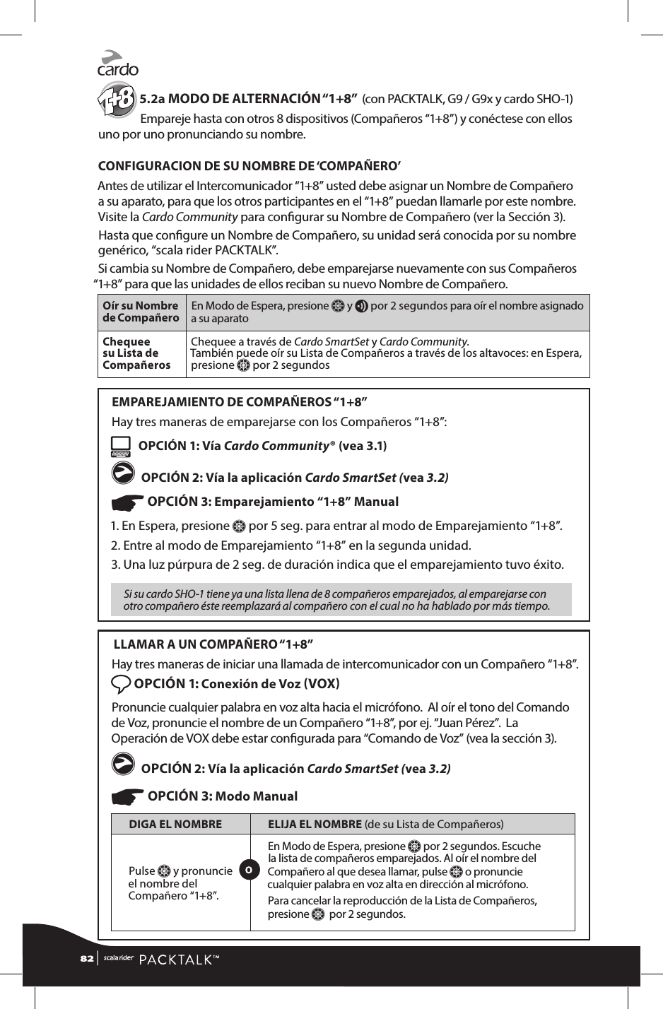 5.2a MODO DE ALTERNACIÓN “1+8”  (con PACKTALK, G9 / G9x y cardo SHO-1)Empareje hasta con otros 8 dispositivos (Compañeros “1+8”) y conéctese con ellos uno por uno pronunciando su nombre.CONFIGURACION DE SU NOMBRE DE ‘COMPAÑERO’Antes de utilizar el Intercomunicador “1+8” usted debe asignar un Nombre de Compañero a su aparato, para que los otros participantes en el “1+8” puedan llamarle por este nombre. Visite la Cardo Community para congurar su Nombre de Compañero (ver la Sección 3). Hasta que congure un Nombre de Compañero, su unidad será conocida por su nombre genérico, “scala rider PACKTALK”.Si cambia su Nombre de Compañero, debe emparejarse nuevamente con sus Compañeros “1+8” para que las unidades de ellos reciban su nuevo Nombre de Compañero.Oír su Nombre de Compañero En Modo de Espera, presione Z y v por 2 segundos para oír el nombre asignado a su aparato Chequee su Lista de CompañerosChequee a través de Cardo SmartSet y Cardo Community.  También puede oír su Lista de Compañeros a través de los altavoces: en Espera, presione Z por 2 segundos EMPAREJAMIENTO DE COMPAÑEROS “1+8” Hay tres maneras de emparejarse con los Compañeros “1+8”:   OPCIÓN 1: Vía Cardo Community® (vea 3.1)g OPCIÓN 2: Vía la aplicación Cardo SmartSet (vea 3.2)☛ OPCIÓN 3: Emparejamiento “1+8” Manual1.  En Espera, presione Z por 5 seg. para entrar al modo de Emparejamiento “1+8”. 2. Entre al modo de Emparejamiento “1+8” en la segunda unidad.3.  Una luz púrpura de 2 seg. de duración indica que el emparejamiento tuvo éxito.Si su cardo SHO-1 tiene ya una lista llena de 8 compañeros emparejados, al emparejarse con otro compañero éste reemplazará al compañero con el cual no ha hablado por más tiempo. LLAMAR A UN COMPAÑERO “1+8”Hay tres maneras de iniciar una llamada de intercomunicador con un Compañero “1+8”. OPCIÓN 1: Conexión de Voz VOX Pronuncie cualquier palabra en voz alta hacia el micrófono.  Al oír el tono del Comando de Voz, pronuncie el nombre de un Compañero “1+8”, por ej. “Juan Pérez”.  La Operación de VOX debe estar congurada para “Comando de Voz” (vea la sección 3).g OPCIÓN 2: Vía la aplicación Cardo SmartSet (vea 3.2) ☛ OPCIÓN 3: Modo ManualDIGA EL NOMBRE ELIJA EL NOMBRE (de su Lista de Compañeros)Pulse Z y pronuncie el nombre del Compañero “1+8”.En Modo de Espera, presione Z por 2 segundos. Escuche la lista de compañeros emparejados. Al oír el nombre del Compañero al que desea llamar, pulse Z o pronuncie cualquier palabra en voz alta en dirección al micrófono.Para cancelar la reproducción de la Lista de Compañeros, presione Z  por 2 segundos.82 | 