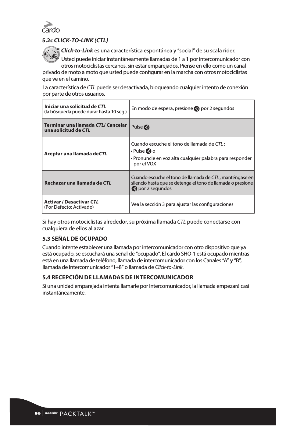 5.2c CLICKTOLINK CTLClick-to-Link es una característica espontánea y “social” de su scala rider. Usted puede iniciar instantáneamente llamadas de 1 a 1 por intercomunicador con otros motociclistas cercanos, sin estar emparejados. Piense en ello como un canal privado de moto a moto que usted puede congurar en la marcha con otros motociclistas que ve en el camino. La característica de CTL puede ser desactivada, bloqueando cualquier intento de conexión por parte de otros usuarios.Iniciar una solicitud de CTL  (la búsqueda puede durar hasta 10 seg.) En modo de espera, presione v por 2 segundosTerminar una llamada CTL/ Cancelar una solicitud de CTL Pulse vAceptar una llamada deCTLCuando escuche el tono de llamada de CTL :• Pulse v o •  Pronuncie en voz alta cualquier palabra para responder por el VOXRechazar una llamada de CTLCuando escuche el tono de llamada de CTL , manténgase en silencio hasta que se detenga el tono de llamada o presione v por 2 segundosActivar / Desactivar CTL(Por Defecto: Activado) Vea la sección 3 para ajustar las conguracionesSi hay otros motociclistas alrededor, su próxima llamada CTL puede conectarse con cualquiera de ellos al azar.5.3 SEÑAL DE OCUPADOCuando intente establecer una llamada por intercomunicador con otro dispositivo que ya está ocupado, se escuchará una señal de “ocupado”. El cardo SHO-1 está ocupado mientras está en una llamada de teléfono, llamada de intercomunicador con los Canales “A” y “B”, llamada de intercomunicador “1+8” o llamada de Click-to-Link.5.4 RECEPCIÓN DE LLAMADAS DE INTERCOMUNICADORSi una unidad emparejada intenta llamarle por Intercomunicador, la llamada empezará casi instantáneamente.86 | 
