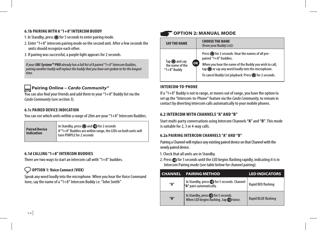 6.1b PAIRING WITH A “1+8” INTERCOM BUDDY1.  In Standby, press s for 5 seconds to enter pairing mode. 2.  Enter “1+8” intercom pairing mode on the second unit. After a few seconds the units should recognize each other.  3.  If pairing was successful, a purple light appears for 2 seconds.If your SRC-System™ PRO already has a full list of 8 paired “1+8” Intercom Buddies, pairing another buddy will replace the buddy that you have not spoken to for the longest time. Pairing Online – Cardo Community®You can also nd your friends and add them to your “1+8” Buddy list via the Cardo Community (see section 3).6.1c PAIRED DEVICE INDICATIONYou can see which units within a range of 20m are your “1+8” Intercom Buddies. Paired Device IndicationIn Standby, press s and v for 2 secondsIf “1+8” Buddies are within range, the LEDs on both units will turn PURPLE for 2 seconds6.1d CALLING “1+8” INTERCOM BUDDIESThere are two ways to start an intercom call with “1+8” buddies. OPTION 1: Voice Connect VOX Speak any word loudly into the microphone. When you hear the Voice Command tone, say the name of a ”1+8” Intercom Buddy i.e. “John Smith”☛ OPTION 2: MANUAL MODESAY THE NAME CHOOSE THE NAME  (from your Buddy List):Tap s and say the name of the “1+8” BuddyPress s for 2 seconds. Hear the names of all pre-paired “1+8” buddies. When you hear the name of the Buddy you wish to call, tap s or say any word loudly into the microphone. To cancel Buddy List playback: Press s for 2 seconds.INTERCOMTOPHONEIf a “1+8” Buddy is not in range, or moves out of range, you have the option to set up the “Intercom-to-Phone” feature via the Cardo Community, to remain in contact by diverting Intercom calls automatically to your mobile phones.6.2 INTERCOM WITH CHANNELS “A” AND “B”Start multi-party conversations using Intercom Channels “A” and “B”. This mode is suitable for 2, 3 or 4-way calls.6.2a PAIRING INTERCOM CHANNELS “A” AND “B”Pairing a Channel will replace any existing paired device on that Channel with the newly paired device.1. Check that all units are in Standby.2.   Press v for 5 seconds until the LED begins ashing rapidly, indicating it is in Intercom Pairing mode (see table below for channel pairing).CHANNEL PAIRING METHOD LED INDICATORS“A” In Standby, press v for 5 seconds. Channel “A” pairs automatically. Rapid RED ashing“B” In Standby, press v for 5 seconds.  When LED begins ashing , tap v twice. Rapid BLUE ashing14 | SRCS Pro