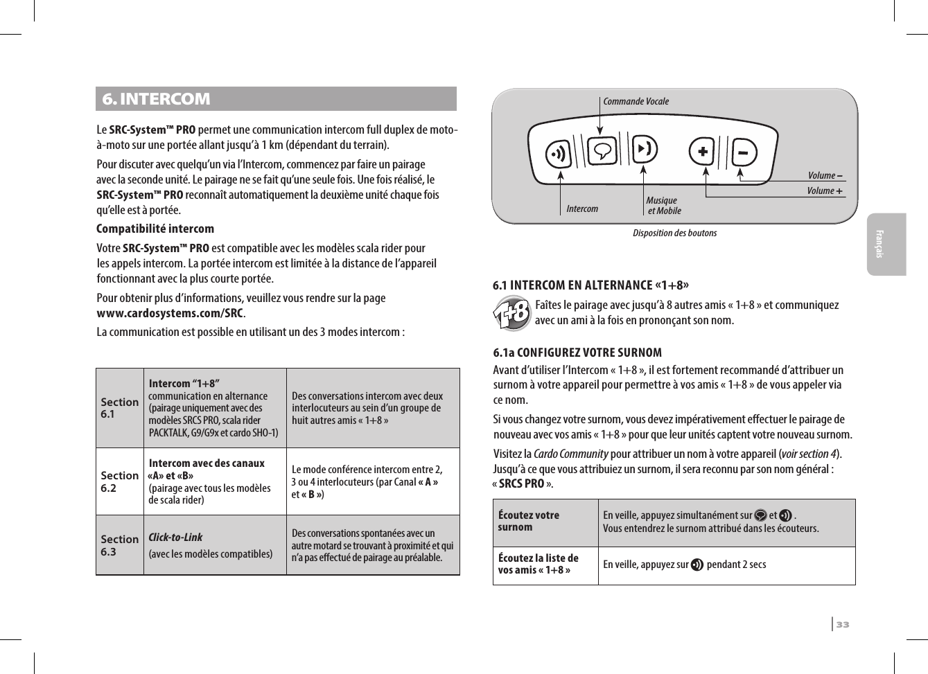 6. INTERCOM Le SRC-System™ PRO permet une communication intercom full duplex de moto-à-moto sur une portée allant jusqu’à 1 km (dépendant du terrain).Pour discuter avec quelqu’un via l’Intercom, commencez par faire un pairage avec la seconde unité. Le pairage ne se fait qu’une seule fois. Une fois réalisé, le SRC-System™ PRO reconnaît automatiquement la deuxième unité chaque fois qu’elle est à portée.Compatibilité intercomVotre SRC-System™ PRO est compatible avec les modèles scala rider pour les appels intercom. La portée intercom est limitée à la distance de l’appareil fonctionnant avec la plus courte portée.Pour obtenir plus d’informations, veuillez vous rendre sur la page www.cardosystems.com/SRC.La communication est possible en utilisant un des 3 modes intercom :Section 6.1Intercom “1+8” communication en alternance (pairage uniquement avec des modèles SRCS PRO, scala rider PACKTALK, G9/G9x et cardo SHO-1)Des conversations intercom avec deux interlocuteurs au sein d’un groupe de huit autres amis « 1+8 »Section 6.2Intercom avec des canaux «A» et «B»  (pairage avec tous les modèles de scala rider)Le mode conférence intercom entre 2, 3 ou 4 interlocuteurs (par Canal « A » et « B »)Section 6.3Click-to-Link (avec les modèles compatibles)Des conversations spontanées avec un autre motard se trouvant à proximité et qui n’a pas eectué de pairage au préalable.Volume –  Intercom Musique  et MobileCommande VocaleVolume + Disposition des boutons6.1 INTERCOM EN ALTERNANCE 1+8Faîtes le pairage avec jusqu’à 8 autres amis « 1+8 » et communiquez avec un ami à la fois en prononçant son nom.6.1a CONFIGUREZ VOTRE SURNOMAvant d’utiliser l’Intercom « 1+8 », il est fortement recommandé d’attribuer un surnom à votre appareil pour permettre à vos amis « 1+8 » de vous appeler via ce nom.Si vous changez votre surnom, vous devez impérativement eectuer le pairage de nouveau avec vos amis « 1+8 » pour que leur unités captent votre nouveau surnom.Visitez la Cardo Community pour attribuer un nom à votre appareil (voir section 4). Jusqu’à ce que vous attribuiez un surnom, il sera reconnu par son nom général : « SRCS PRO ».Écoutez votre surnomEn veille, appuyez simultanément sur s et v . Vous entendrez le surnom attribué dans les écouteurs.Écoutez la liste de vos amis « 1+8 » En veille, appuyez sur v pendant 2 secsSRCS Pro | 33Français