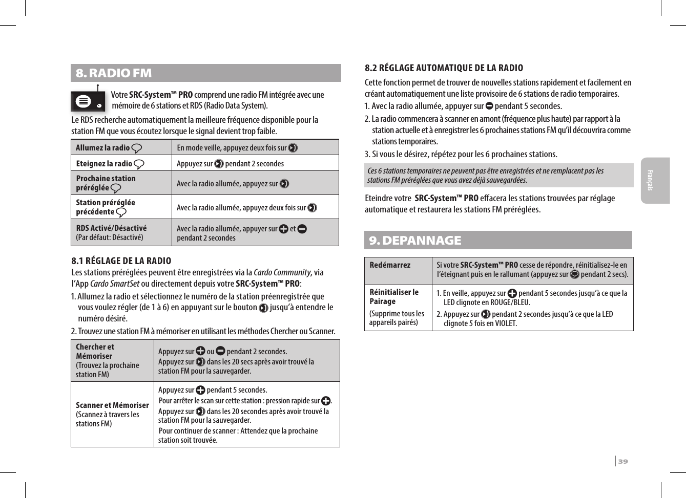 8. RADIO FMVotre SRC-System™ PRO comprend une radio FM intégrée avec une mémoire de 6 stations et RDS (Radio Data System).Le RDS recherche automatiquement la meilleure fréquence disponible pour la station FM que vous écoutez lorsque le signal devient trop faible.Allumez la radio ßEn mode veille, appuyez deux fois sur µEteignez la radio ßAppuyez sur µ pendant 2 secondesProchaine station préréglée ßAvec la radio allumée, appuyez sur µStation préréglée précédente ßAvec la radio allumée, appuyez deux fois sur µRDS Activé/Désactivé(Par défaut: Désactivé) Avec la radio allumée, appuyer sur + et - pendant 2 secondes8.1 RÉGLAGE DE LA RADIOLes stations préréglées peuvent être enregistrées via la Cardo Community, via l’App Cardo SmartSet ou directement depuis votre SRC-System™ PRO:1.  Allumez la radio et sélectionnez le numéro de la station préenregistrée que vous voulez régler (de 1 à 6) en appuyant sur le bouton µ jusqu’à entendre le numéro désiré.2.  Trouvez une station FM à mémoriser en utilisant les méthodes Chercher ou Scanner.Chercher et Mémoriser  (Trouvez la prochaine station FM)Appuyez sur + ou - pendant 2 secondes.Appuyez sur µ dans les 20 secs après avoir trouvé la station FM pour la sauvegarder.Scanner et Mémoriser  (Scannez à travers les stations FM)Appuyez sur + pendant 5 secondes. Pour arrêter le scan sur cette station : pression rapide sur +.Appuyez sur µ dans les 20 secondes après avoir trouvé la station FM pour la sauvegarder.Pour continuer de scanner : Attendez que la prochaine station soit trouvée.8.2 RÉGLAGE AUTOMATIQUE DE LA RADIOCette fonction permet de trouver de nouvelles stations rapidement et facilement en créant automatiquement une liste provisoire de 6 stations de radio temporaires.1. Avec la radio allumée, appuyer sur   pendant 5 secondes.2.  La radio commencera à scanner en amont (fréquence plus haute) par rapport à la station actuelle et à enregistrer les 6 prochaines stations FM qu’il découvrira comme stations temporaires.3.  Si vous le désirez, répétez pour les 6 prochaines stations.Ces 6 stations temporaires ne peuvent pas être enregistrées et ne remplacent pas les stations FM préréglées que vous avez déjà sauvegardées.Eteindre votre  SRC-System™ PRO eacera les stations trouvées par réglage automatique et restaurera les stations FM préréglées.9. DEPANNAGE Redémarrez  Si votre SRC-System™ PRO cesse de répondre, réinitialisez-le en l’éteignant puis en le rallumant (appuyez sur s pendant 2 secs). Réinitialiser le Pairage(Supprime tous les appareils pairés)1.  En veille, appuyez sur + pendant 5 secondes jusqu’à ce que la LED clignote en ROUGE/BLEU.2.  Appuyez sur µ pendant 2 secondes jusqu’à ce que la LED clignote 5 fois en VIOLET.SRCS Pro | 39Français