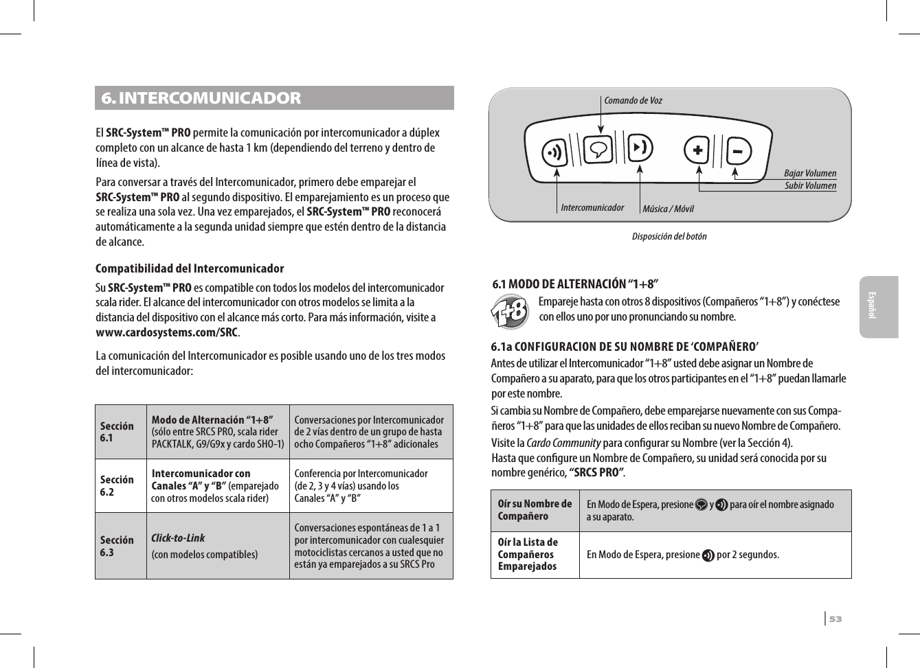 6.   INTERCOMUNICADOREl SRC-System™ PRO permite la comunicación por intercomunicador a dúplex completo con un alcance de hasta 1 km (dependiendo del terreno y dentro de línea de vista).Para conversar a través del Intercomunicador, primero debe emparejar el SRC-System™ PRO al segundo dispositivo. El emparejamiento es un proceso que se realiza una sola vez. Una vez emparejados, el SRC-System™ PRO reconocerá automáticamente a la segunda unidad siempre que estén dentro de la distancia de alcance.Compatibilidad del IntercomunicadorSu SRC-System™ PRO es compatible con todos los modelos del intercomunicador scala rider. El alcance del intercomunicador con otros modelos se limita a la distancia del dispositivo con el alcance más corto. Para más información, visite a www.cardosystems.com/SRC.La comunicación del Intercomunicador es posible usando uno de los tres modos del intercomunicador:Sección 6.1Modo de Alternación “1+8” (sólo entre SRCS PRO, scala rider PACKTALK, G9/G9x y cardo SHO-1)Conversaciones por Intercomunicador de 2 vías dentro de un grupo de hasta ocho Compañeros “1+8” adicionalesSección 6.2Intercomunicador con Canales “A” y “B” (emparejado con otros modelos scala rider) Conferencia por Intercomunicador  (de 2, 3 y 4 vías) usando los  Canales “A” y “B”Sección 6.3Click-to-Link (con modelos compatibles) Conversaciones espontáneas de 1 a 1 por intercomunicador con cualesquier motociclistas cercanos a usted que no están ya emparejados a su SRCS ProBajar Volumen Intercomunicador Música / Móvil Comando de VozSubir VolumenDisposición del botón  6.1 MODO DE ALTERNACIÓN “1+8”   Empareje hasta con otros 8 dispositivos (Compañeros “1+8”) y conéctese con ellos uno por uno pronunciando su nombre.6.1a  CONFIGURACION DE SU NOMBRE DE ‘COMPAÑERO’Antes de utilizar el Intercomunicador “1+8” usted debe asignar un Nombre de Compañero a su aparato, para que los otros participantes en el “1+8” puedan llamarle por este nombre. Si cambia su Nombre de Compañero, debe emparejarse nuevamente con sus Compa-ñeros “1+8” para que las unidades de ellos reciban su nuevo Nombre de Compañero.Visite la Cardo Community para congurar su Nombre (ver la Sección 4).   Hasta que congure un Nombre de Compañero, su unidad será conocida por su nombre genérico, “SRCS PRO”.  Oír su Nombre de Compañero En Modo de Espera, presione s y v para oír el nombre asignado a su aparato.Oír la Lista de Compañeros Emparejados En Modo de Espera, presione v por 2 segundos.SRCS Pro | 53Español