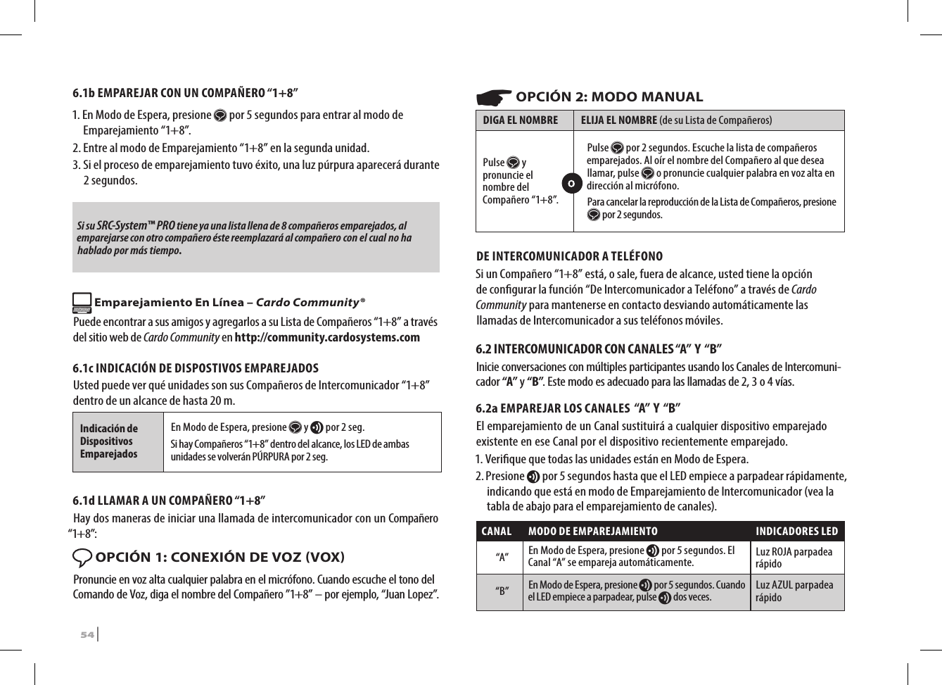 6.1b EMPAREJAR CON UN COMPAÑERO “1+8” 1.  En Modo de Espera, presione s por 5 segundos para entrar al modo de Emparejamiento “1+8”.2. Entre al modo de Emparejamiento “1+8” en la segunda unidad. 3.  Si el proceso de emparejamiento tuvo éxito, una luz púrpura aparecerá durante 2 segundos. Si su SRC-System™ PRO tiene ya una lista llena de 8 compañeros emparejados, al emparejarse con otro compañero éste reemplazará al compañero con el cual no ha hablado por más tiempo. Emparejamiento En Línea – Cardo Community®Puede encontrar a sus amigos y agregarlos a su Lista de Compañeros “1+8” a través del sitio web de Cardo Community en http://community.cardosystems.com6.1c INDICACIÓN DE DISPOSTIVOS EMPAREJADOSUsted puede ver qué unidades son sus Compañeros de Intercomunicador “1+8” dentro de un alcance de hasta 20 m. Indicación de Dispositivos EmparejadosEn Modo de Espera, presione s y v por 2 seg. Si hay Compañeros “1+8” dentro del alcance, los LED de ambas unidades se volverán PÚRPURA por 2 seg. 6.1d LLAMAR A UN COMPAÑERO “1+8” Hay dos maneras de iniciar una llamada de intercomunicador con un Compañero “1+8”: OPCIÓN 1: CONEXIÓN DE VOZ VOXPronuncie en voz alta cualquier palabra en el micrófono. Cuando escuche el tono del Comando de Voz, diga el nombre del Compañero ”1+8” – por ejemplo, “Juan Lopez”.☛ OPCIÓN 2: MODO MANUALDIGA EL NOMBRE ELIJA EL NOMBRE (de su Lista de Compañeros)Pulse s y pronuncie el nombre del Compañero “1+8”.Pulse s por 2 segundos. Escuche la lista de compañeros emparejados. Al oír el nombre del Compañero al que desea llamar, pulse s o pronuncie cualquier palabra en voz alta en dirección al micrófono.Para cancelar la reproducción de la Lista de Compañeros, presione s por 2 segundos.DE INTERCOMUNICADOR A TELÉFONOSi un Compañero “1+8” está, o sale, fuera de alcance, usted tiene la opción de congurar la función “De Intercomunicador a Teléfono” a través de Cardo Community para mantenerse en contacto desviando automáticamente las llamadas de Intercomunicador a sus teléfonos móviles. 6.2 INTERCOMUNICADOR CON CANALES “A”  Y  “B”Inicie conversaciones con múltiples participantes usando los Canales de Intercomuni-cador “A” y “B”. Este modo es adecuado para las llamadas de 2, 3 o 4 vías. 6.2a EMPAREJAR LOS CANALES  “A”  Y  “B”El emparejamiento de un Canal sustituirá a cualquier dispositivo emparejado existente en ese Canal por el dispositivo recientemente emparejado.1.  Verique que todas las unidades están en Modo de Espera.2.  Presione v por 5 segundos hasta que el LED empiece a parpadear rápidamente, indicando que está en modo de Emparejamiento de Intercomunicador (vea la tabla de abajo para el emparejamiento de canales).CANAL MODO DE EMPAREJAMIENTO INDICADORES LED “A” En Modo de Espera, presione v por 5 segundos. El Canal “A” se empareja automáticamente. Luz ROJA parpadea rápido “B” En Modo de Espera, presione v por 5 segundos. Cuando el LED empiece a parpadear, pulse v dos veces. Luz AZUL parpadea rápido54 | SRCS Pro