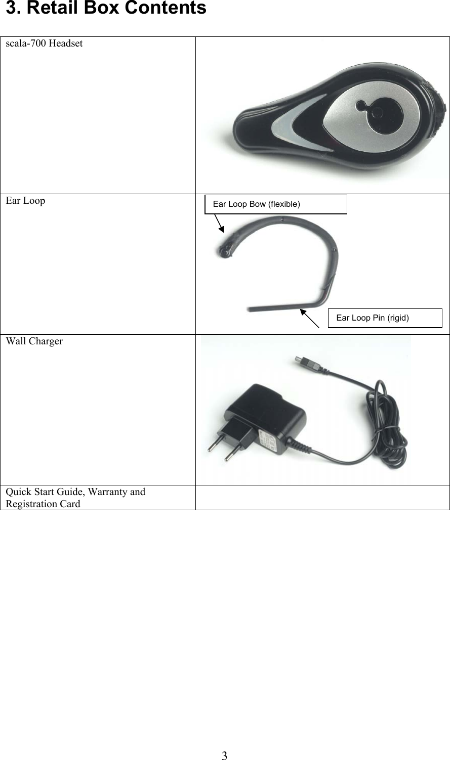  33. Retail Box Contents  scala-700 Headset Ear Loop  Wall Charger  Quick Start Guide, Warranty and Registration Card     Ear Loop Bow (flexible) Ear Loop Pin (rigid) 