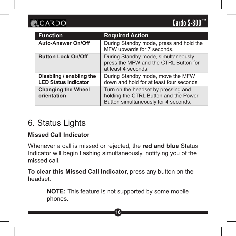 16Cardo S-800™Function Required ActionAuto-Answer On/Off During Standby mode, press and hold the MFW upwards for 7 seconds.Button Lock On/Off During Standby mode, simultaneously press the MFW and the CTRL Button for at least 4 seconds.Disabling / enabling the LED Status IndicatorDuring Standby mode, move the MFW down and hold for at least four seconds.Changing the Wheel orientationTurn on the headset by pressing and holding the CTRL Button and the Power Button simultaneously for 4 seconds.6. Status LightsMissed Call IndicatorWhenever a call is missed or rejected, the red and blue Status Indicator will begin ashing simultaneously, notifying you of the missed call.To clear this Missed Call Indicator, press any button on the headset.NOTE: This feature is not supported by some mobile phones.