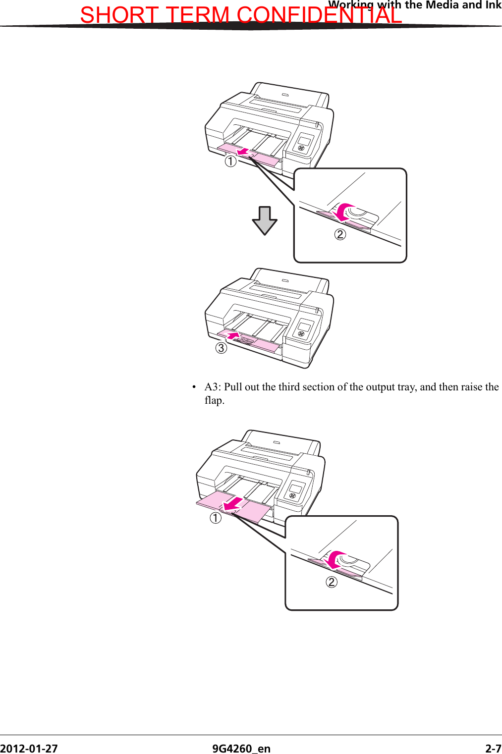 Working with the Media and Ink2012-01-27 9G4260_en 2-7• A3: Pull out the third section of the output tray, and then raise the flap.SHORT TERM CONFIDENTIAL