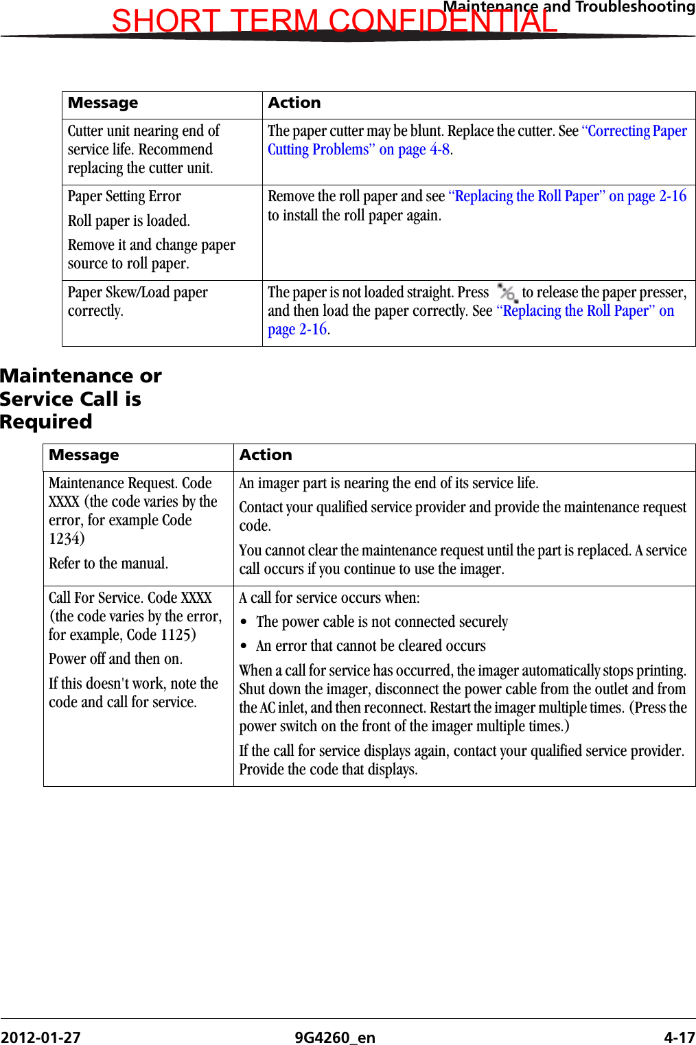 Maintenance and Troubleshooting2012-01-27 9G4260_en 4-17Maintenance or Service Call is RequiredCutter unit nearing end of service life. Recommend replacing the cutter unit.The paper cutter may be blunt. Replace the cutter. See “Correcting Paper Cutting Problems” on page 4-8.Paper Setting ErrorRoll paper is loaded.Remove it and change paper source to roll paper.Remove the roll paper and see “Replacing the Roll Paper” on page 2-16 to install the roll paper again.Paper Skew/Load paper correctly.The paper is not loaded straight. Press  to release the paper presser, and then load the paper correctly. See “Replacing the Roll Paper” on page 2-16.Message ActionMessage ActionMaintenance Request. Code XXXX (the code varies by the error, for example Code 1234)Refer to the manual.An imager part is nearing the end of its service life.Contact your qualified service provider and provide the maintenance request code.You cannot clear the maintenance request until the part is replaced. A service call occurs if you continue to use the imager.Call For Service. Code XXXX (the code varies by the error, for example, Code 1125)Power off and then on.If this doesn&apos;t work, note the code and call for service.A call for service occurs when:• The power cable is not connected securely• An error that cannot be cleared occursWhen a call for service has occurred, the imager automatically stops printing. Shut down the imager, disconnect the power cable from the outlet and from the AC inlet, and then reconnect. Restart the imager multiple times. (Press the power switch on the front of the imager multiple times.)If the call for service displays again, contact your qualified service provider. Provide the code that displays.SHORT TERM CONFIDENTIAL
