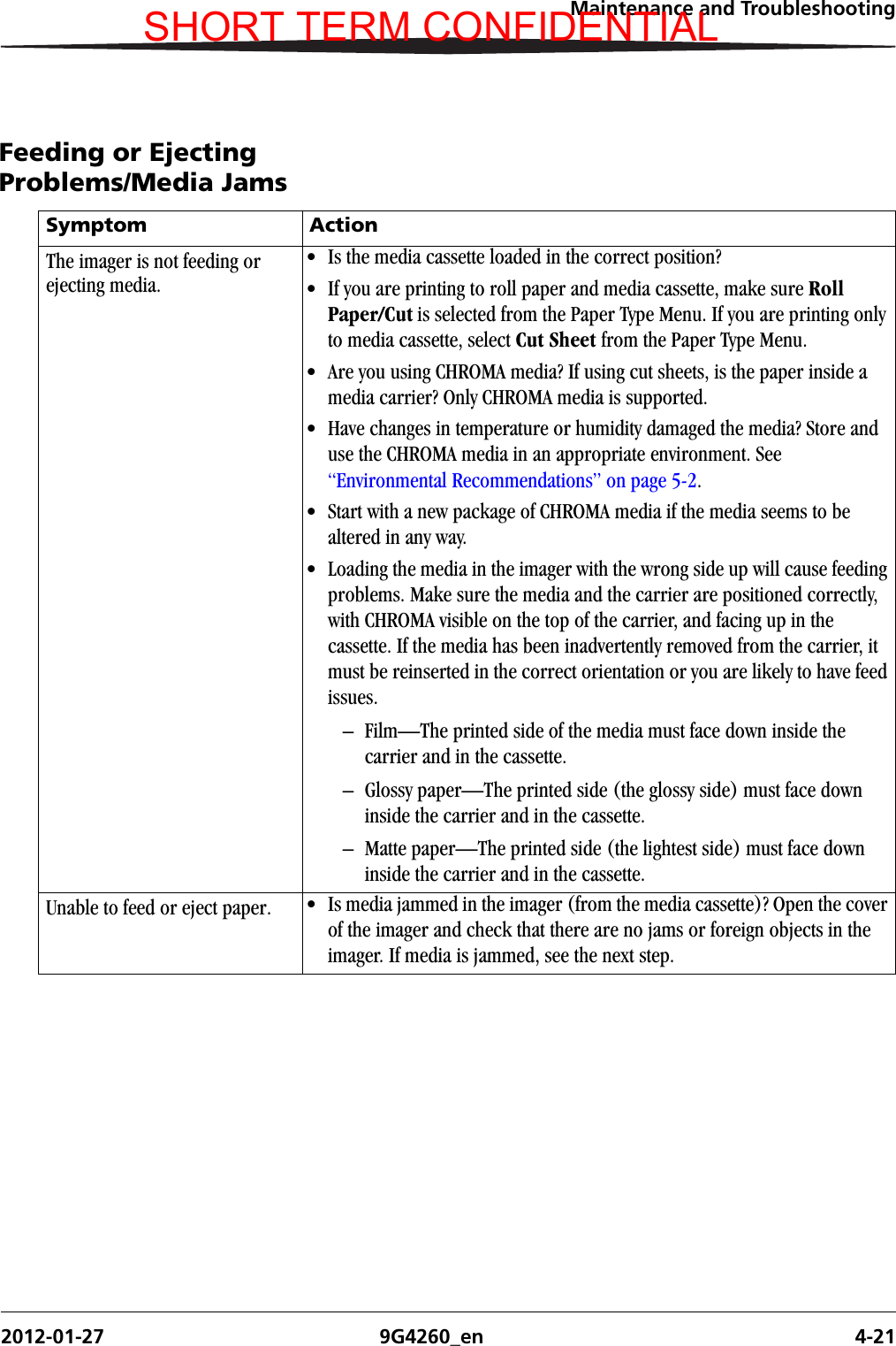 Maintenance and Troubleshooting2012-01-27 9G4260_en 4-21Feeding or Ejecting Problems/Media JamsSymptom ActionThe imager is not feeding or ejecting media.• Is the media cassette loaded in the correct position? • If you are printing to roll paper and media cassette, make sure Roll Paper/Cut is selected from the Paper Type Menu. If you are printing only to media cassette, select Cut Sheet from the Paper Type Menu.• Are you using CHROMA media? If using cut sheets, is the paper inside a media carrier? Only CHROMA media is supported.• Have changes in temperature or humidity damaged the media? Store and use the CHROMA media in an appropriate environment. See “Environmental Recommendations” on page 5-2.• Start with a new package of CHROMA media if the media seems to be altered in any way.• Loading the media in the imager with the wrong side up will cause feeding problems. Make sure the media and the carrier are positioned correctly, with CHROMA visible on the top of the carrier, and facing up in the cassette. If the media has been inadvertently removed from the carrier, it must be reinserted in the correct orientation or you are likely to have feed issues.– Film—The printed side of the media must face down inside the carrier and in the cassette.– Glossy paper—The printed side (the glossy side) must face down inside the carrier and in the cassette.– Matte paper—The printed side (the lightest side) must face down inside the carrier and in the cassette.Unable to feed or eject paper. • Is media jammed in the imager (from the media cassette)? Open the cover of the imager and check that there are no jams or foreign objects in the imager. If media is jammed, see the next step.SHORT TERM CONFIDENTIAL
