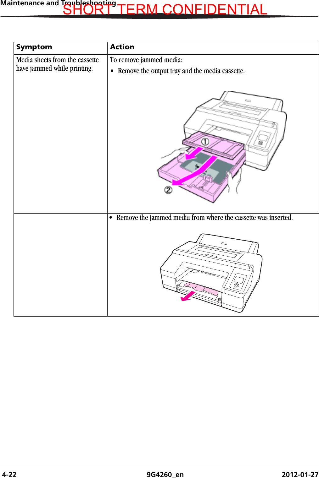  4-22 9G4260_en 2012-01-27Maintenance and TroubleshootingMedia sheets from the cassette have jammed while printing.To remove jammed media:• Remove the output tray and the media cassette.• Remove the jammed media from where the cassette was inserted.Symptom ActionSHORT TERM CONFIDENTIAL