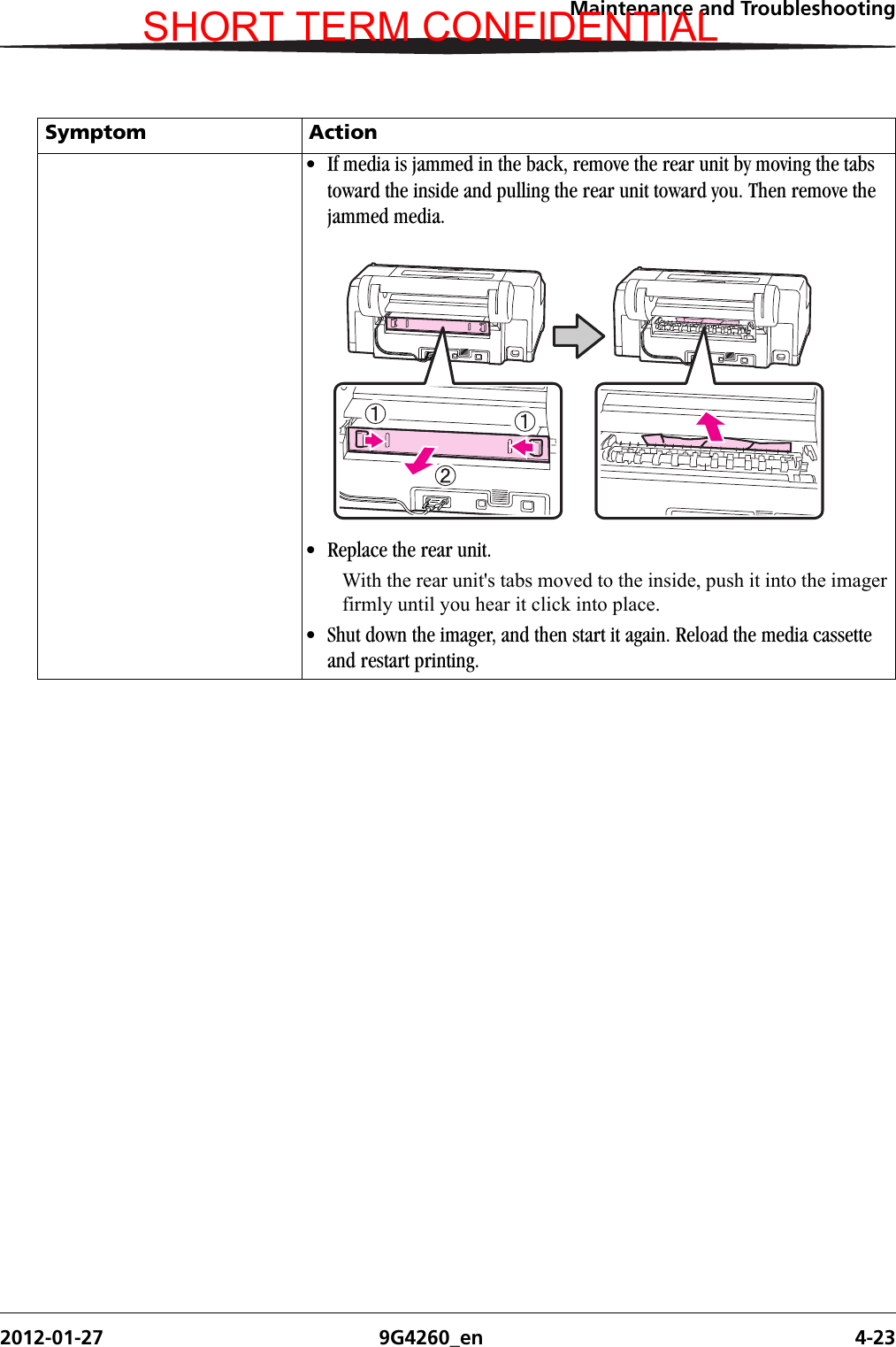 Maintenance and Troubleshooting2012-01-27 9G4260_en 4-23• If media is jammed in the back, remove the rear unit by moving the tabs toward the inside and pulling the rear unit toward you. Then remove the jammed media.• Replace the rear unit.With the rear unit&apos;s tabs moved to the inside, push it into the imager firmly until you hear it click into place.• Shut down the imager, and then start it again. Reload the media cassette and restart printing.Symptom ActionSHORT TERM CONFIDENTIAL