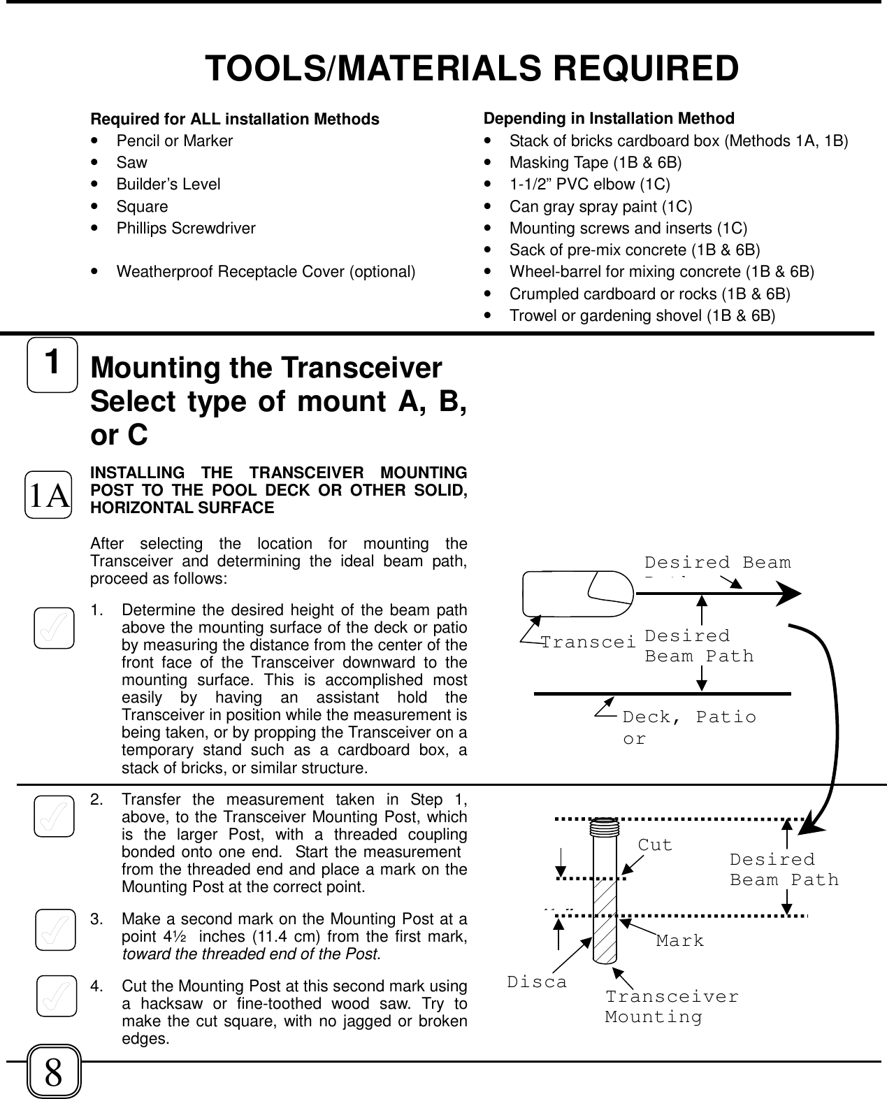 Required for ALL installation Methods• Pencil or Marker• Saw• Builder’s Level• Square• Phillips Screwdriver• Weatherproof Receptacle Cover (optional)Depending in Installation Method• Stack of bricks cardboard box (Methods 1A, 1B)• Masking Tape (1B &amp; 6B)• 1-1/2” PVC elbow (1C)• Can gray spray paint (1C)• Mounting screws and inserts (1C)• Sack of pre-mix concrete (1B &amp; 6B)• Wheel-barrel for mixing concrete (1B &amp; 6B)• Crumpled cardboard or rocks (1B &amp; 6B)• Trowel or gardening shovel (1B &amp; 6B)Mounting the TransceiverSelect type of mount A, B,or CINSTALLING THE TRANSCEIVER MOUNTINGPOST TO THE POOL DECK OR OTHER SOLID,HORIZONTAL SURFACEAfter selecting the location for mounting theTransceiver and determining the ideal beam path,proceed as follows:1. Determine the desired height of the beam pathabove the mounting surface of the deck or patioby measuring the distance from the center of thefront face of the Transceiver downward to themounting surface. This is accomplished mosteasily by having an assistant hold theTransceiver in position while the measurement isbeing taken, or by propping the Transceiver on atemporary stand such as a cardboard box, astack of bricks, or similar structure.2. Transfer the measurement taken in Step 1,above, to the Transceiver Mounting Post, whichis the larger Post, with a threaded couplingbonded onto one end.  Start the measurement from the threaded end and place a mark on theMounting Post at the correct point.3. Make a second mark on the Mounting Post at apoint 4½  inches (11.4 cm) from the first mark,toward the threaded end of the Post.4.  Cut the Mounting Post at this second mark usinga hacksaw or fine-toothed wood saw. Try tomake the cut square, with no jagged or brokenedges.TOOLS/MATERIALS REQUIREDDeck, PatioorDesiredBeam PathDesired BeamPthTransceiTransceiverMountingCutMark4½”DesiredBeam PathDisca11A8