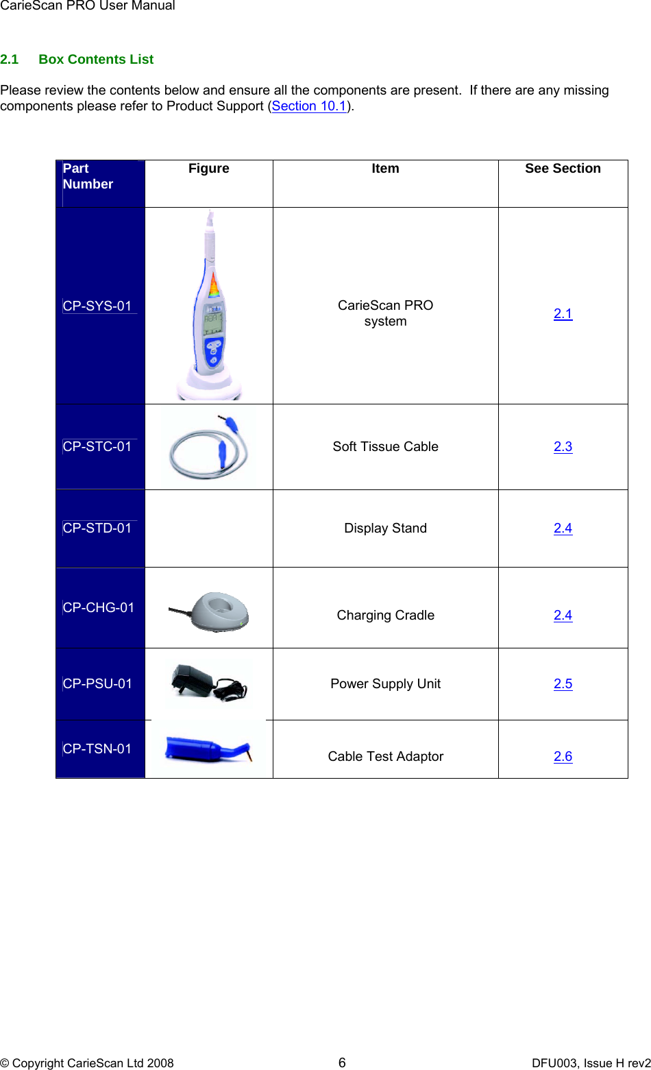 CarieScan PRO User Manual  © Copyright CarieScan Ltd 2008        6               DFU003, Issue H rev2  2.1  Box Contents List  Please review the contents below and ensure all the components are present.  If there are any missing components please refer to Product Support (Section 10.1).    Part Number   Figure Item See Section  CP-SYS-01   CarieScan PRO system  2.1 CP-STC-01  Soft Tissue Cable  2.3 CP-STD-01      Display Stand  2.4 CP-CHG-01   Charging Cradle  2.4 CP-PSU-01  Power Supply Unit  2.5 CP-TSN-01   Cable Test Adaptor  2.6   